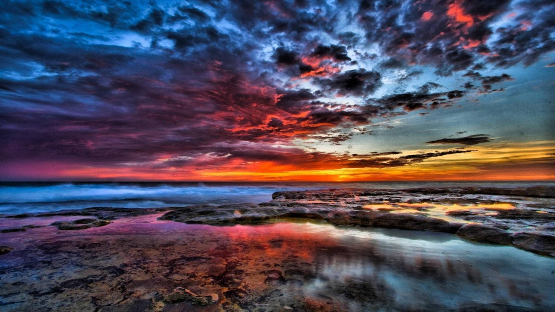 Dark Blue Sky, Vibrant sunset, Fiery reds, Full HD Desktop Wallpaper