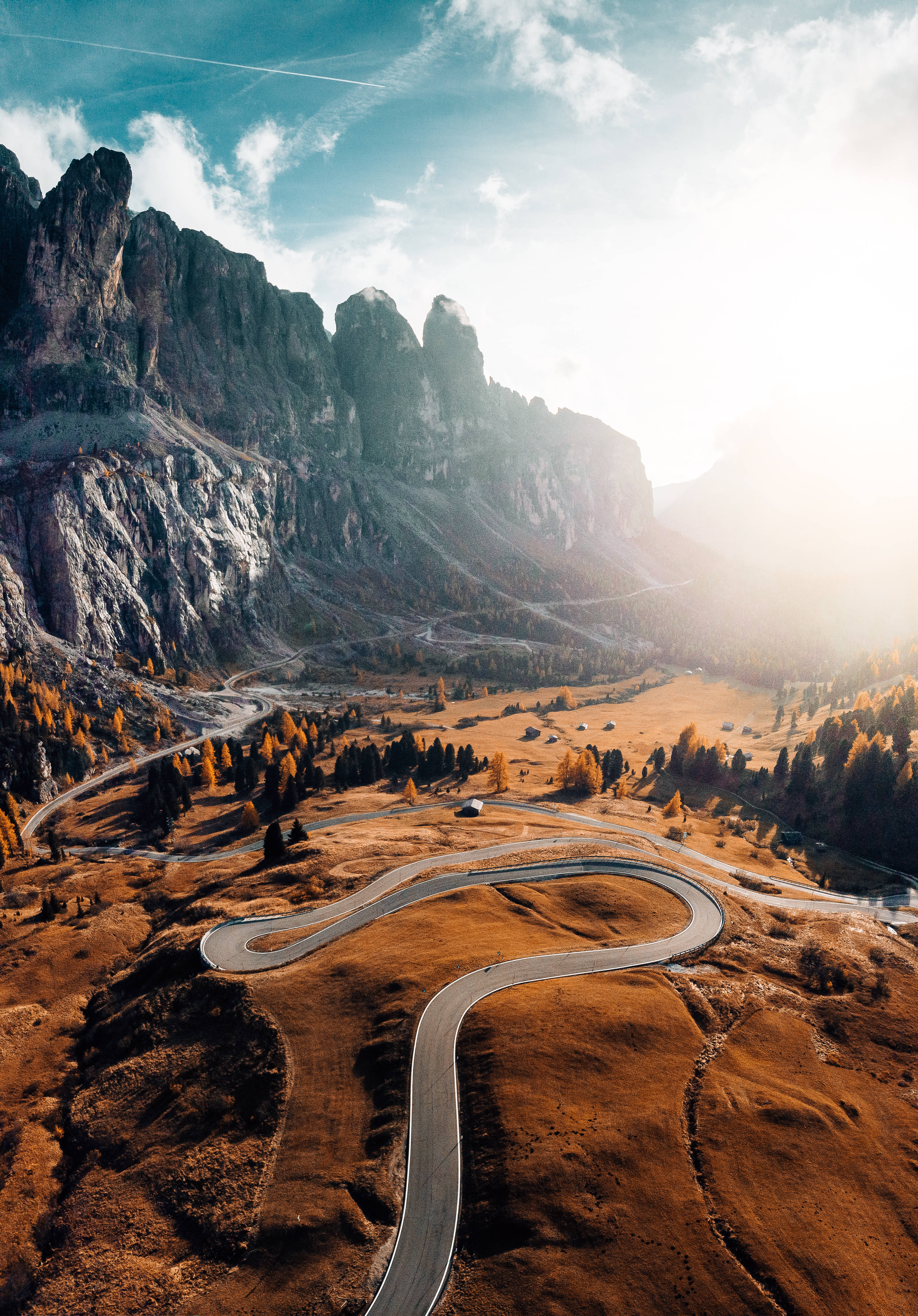 brown dolomite mountain, winding mountain road, autumnal valleys, 4K Phone Wallpaper