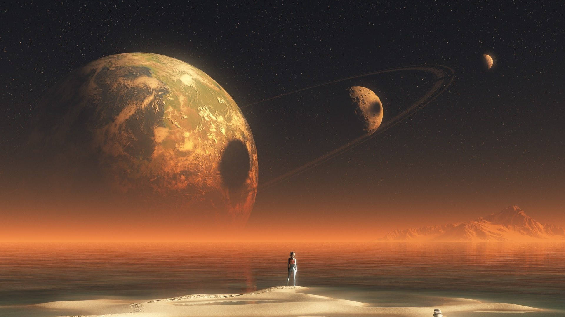 desert dune, massive orange planet, ringed moon, Full HD Desktop Wallpaper
