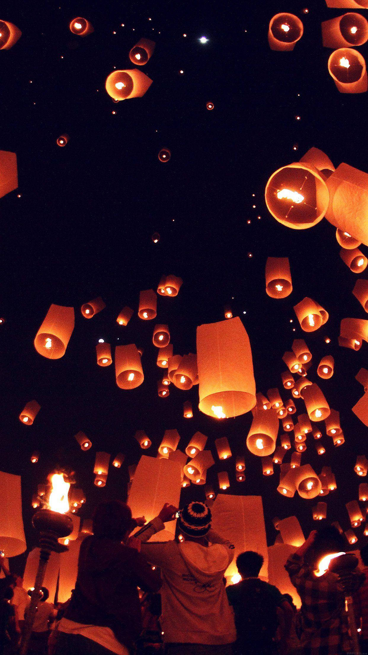 Floating Lantern, starry night sky, glowing paper lanterns, Full HD Phone Wallpaper
