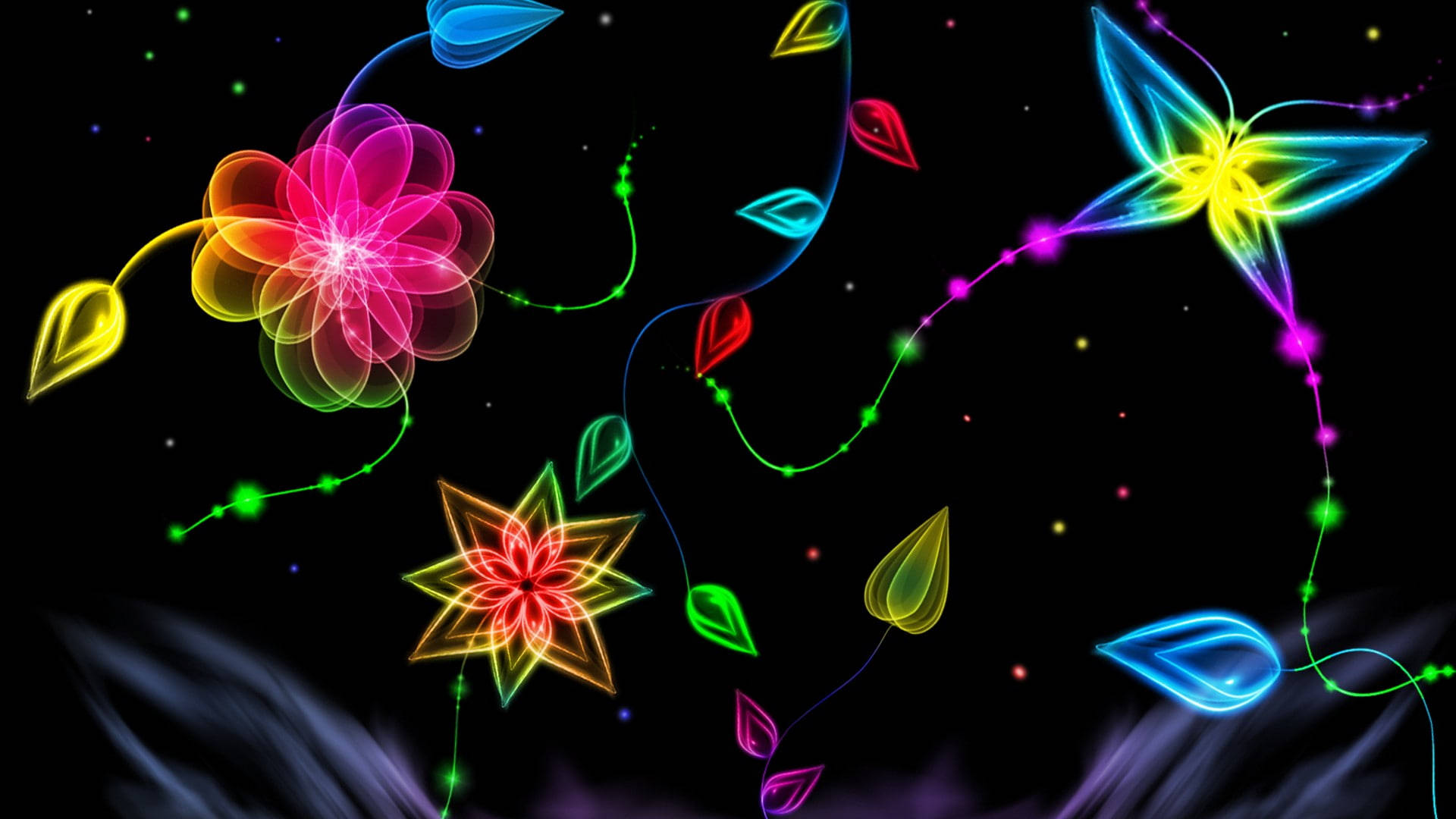 neon flowers, starry black background, glowing trails, Full HD Desktop Wallpaper