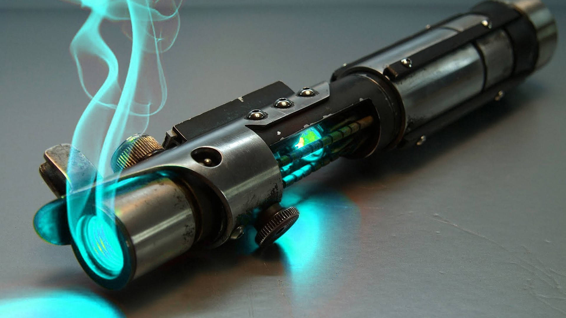 blueish green lightsaber, glowing blue lightsaber hilt, activated blade, Full HD Desktop Wallpaper