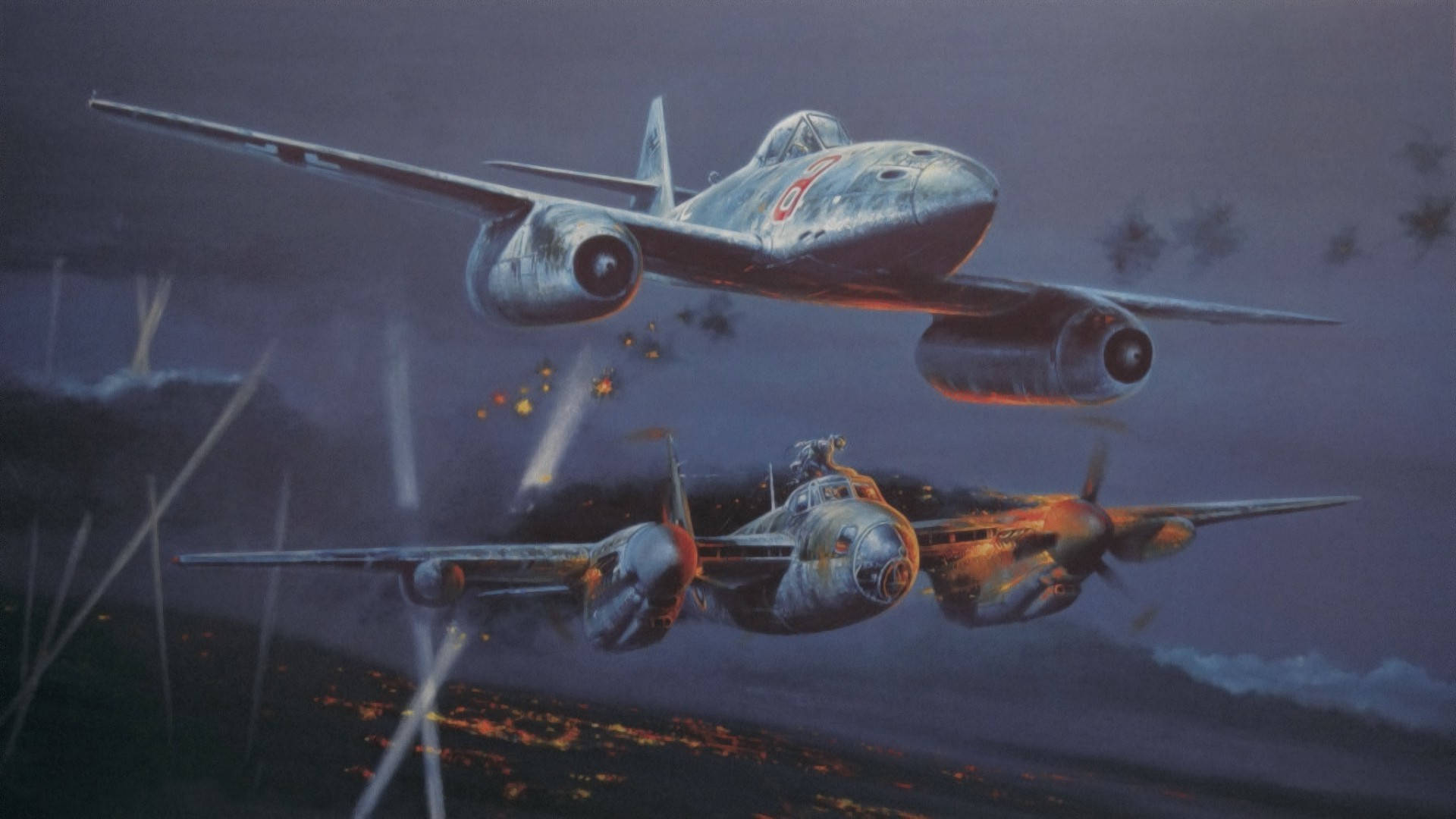 vintage fighter jets, stormy twilight sky, fiery battlefield, Full HD Desktop Wallpaper