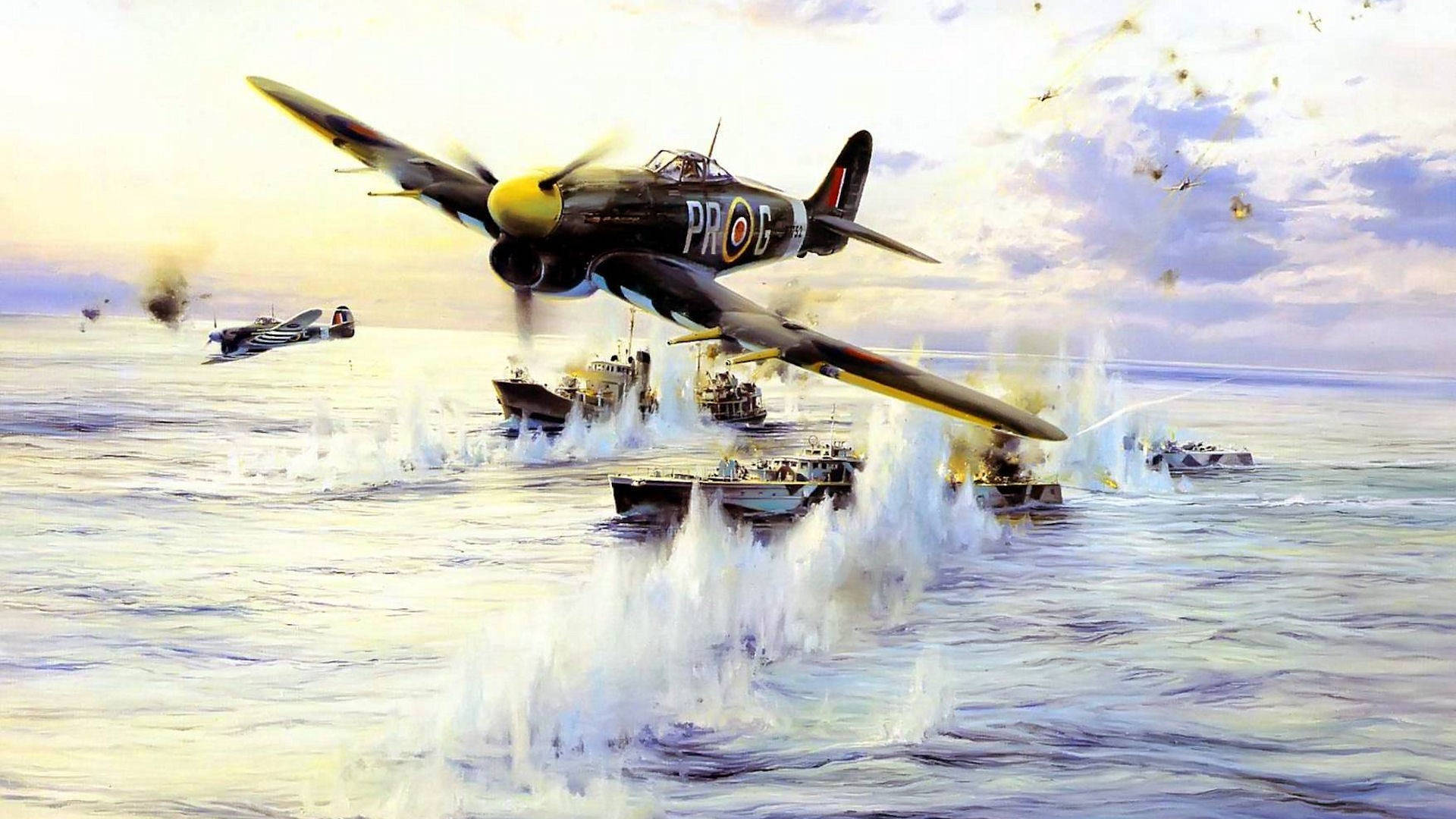 vintage fighter plane, choppy seas, warships, Full HD Desktop Wallpaper
