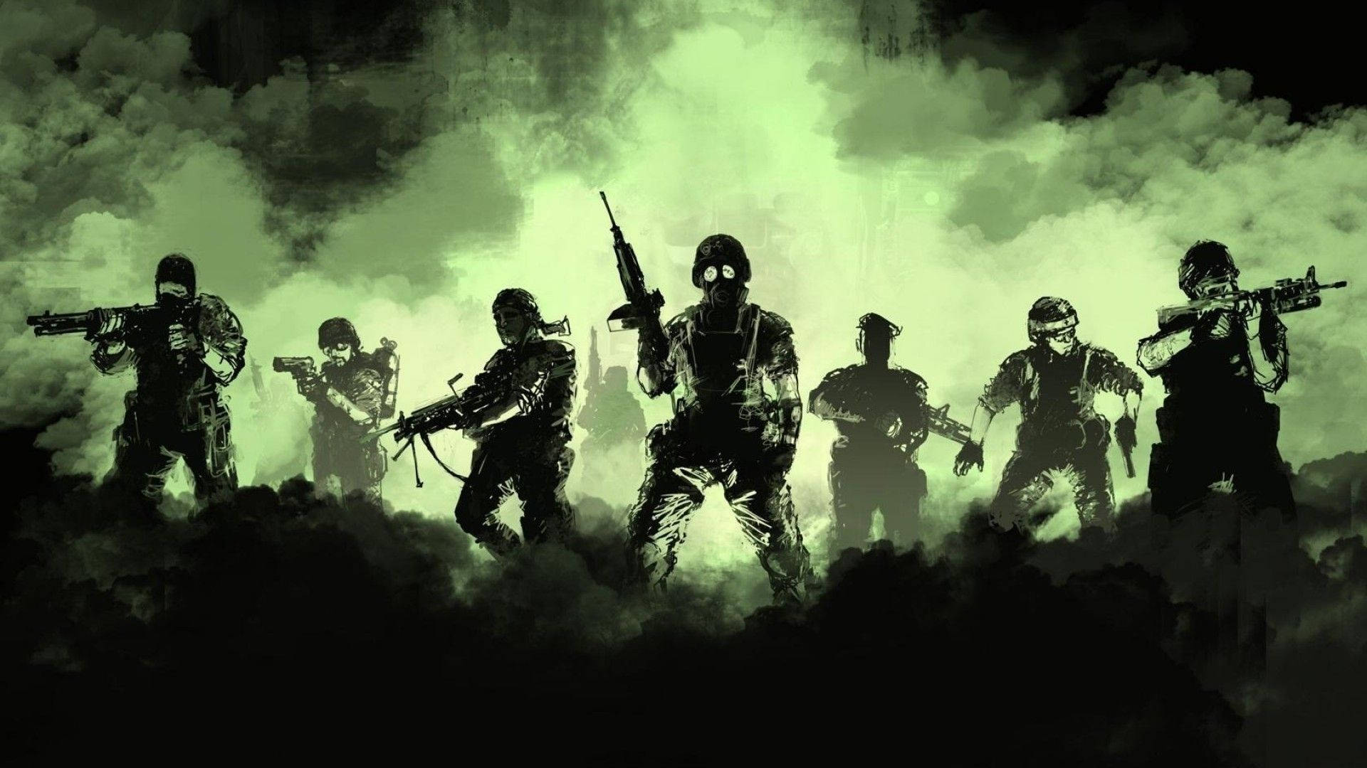 silhouetted soldiers, gas masks, combat gear, Full HD Desktop Wallpaper