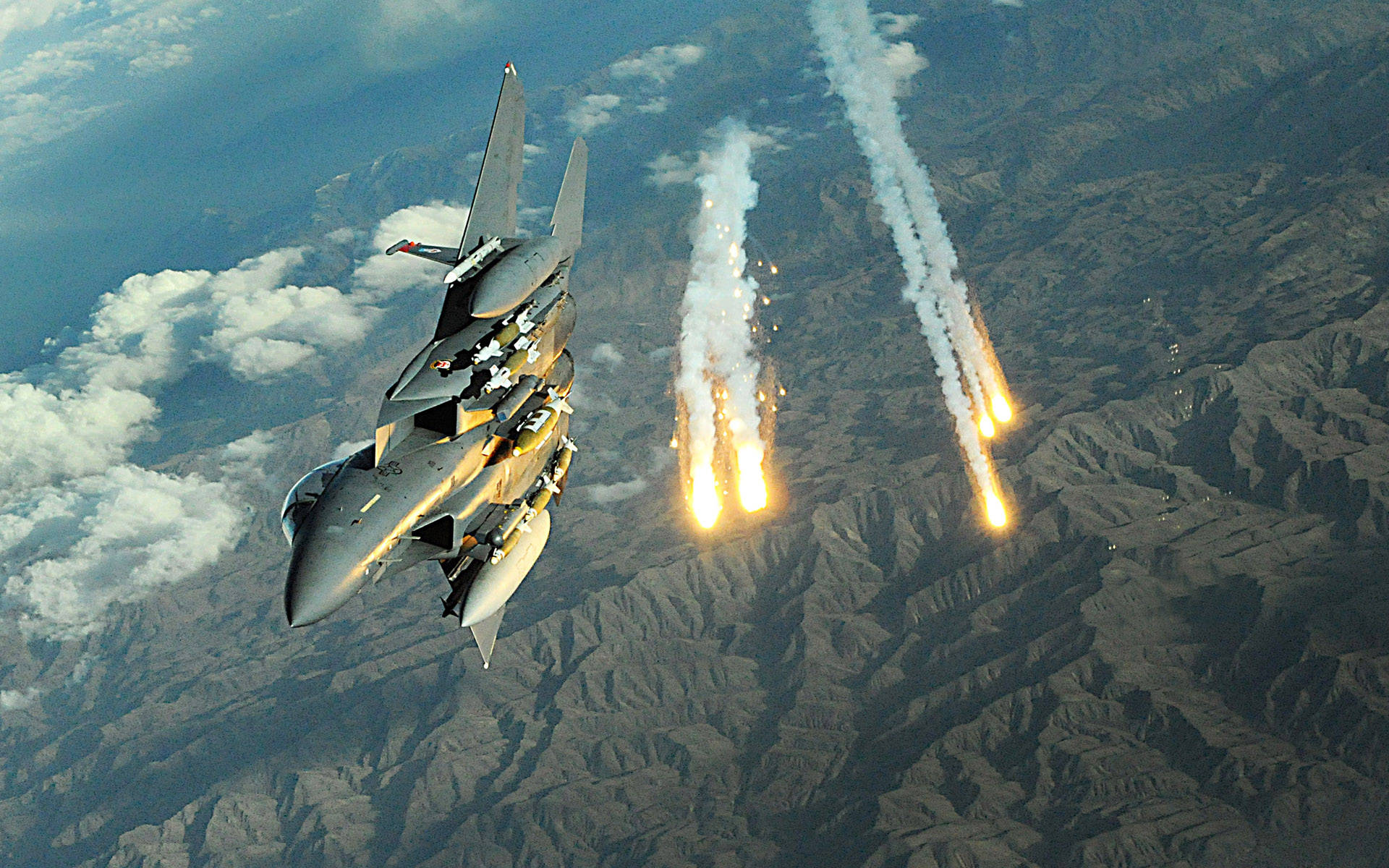fighter jet, rugged mountains, flares, Full HD Desktop Wallpaper