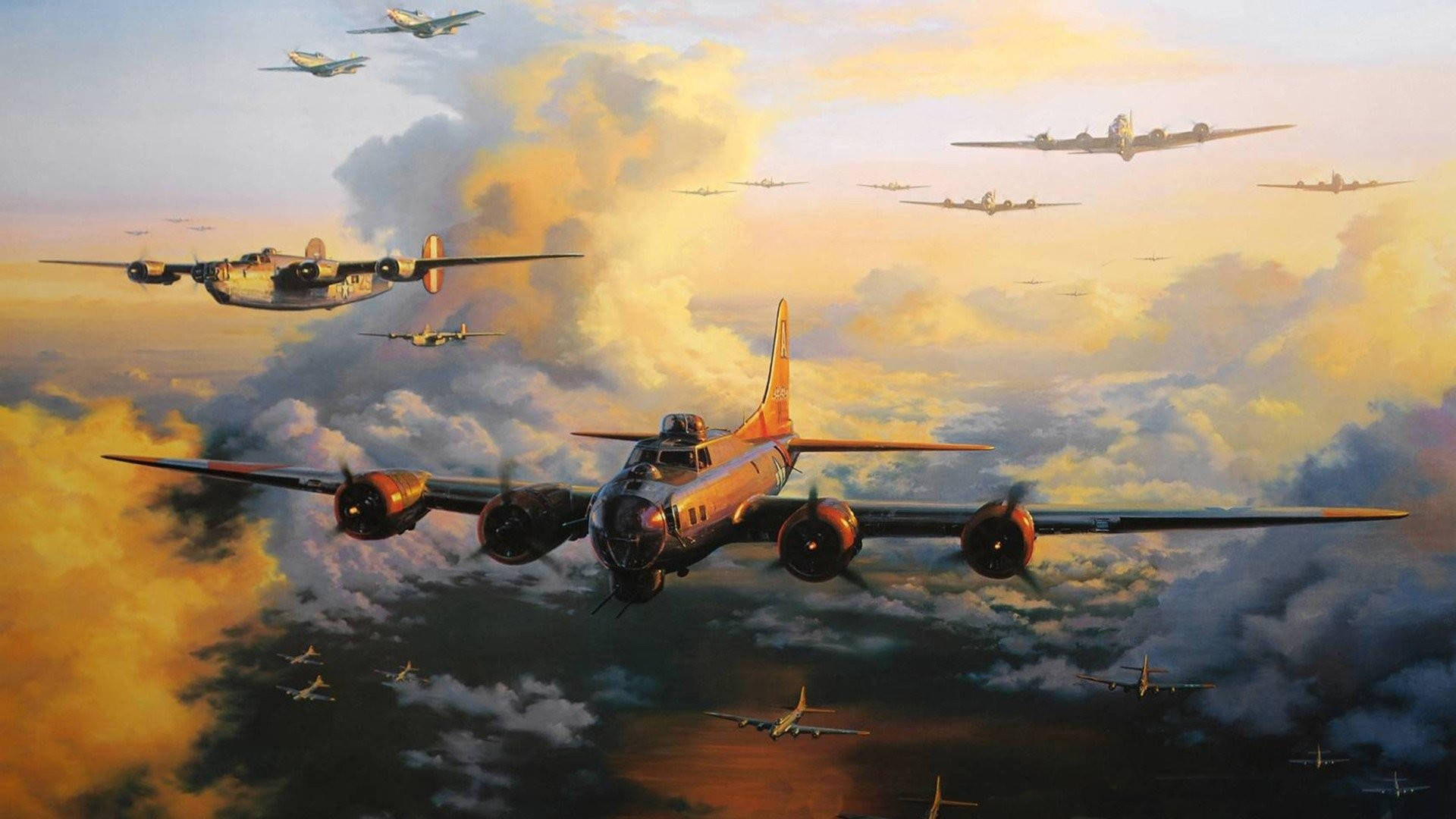 vintage military bombers, dramatic sunset sky, golden clouds, Full HD Desktop Wallpaper