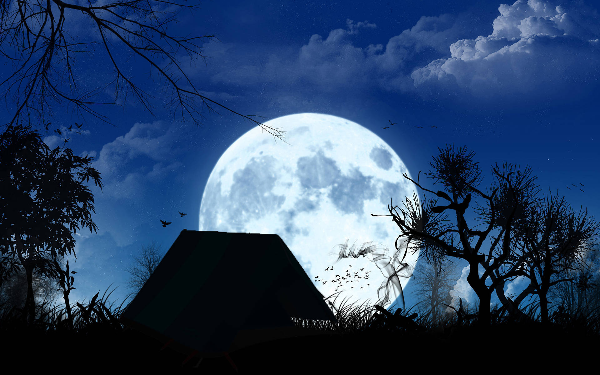 HD Moon, campsite, massive glowing moon, Full HD Desktop Wallpaper