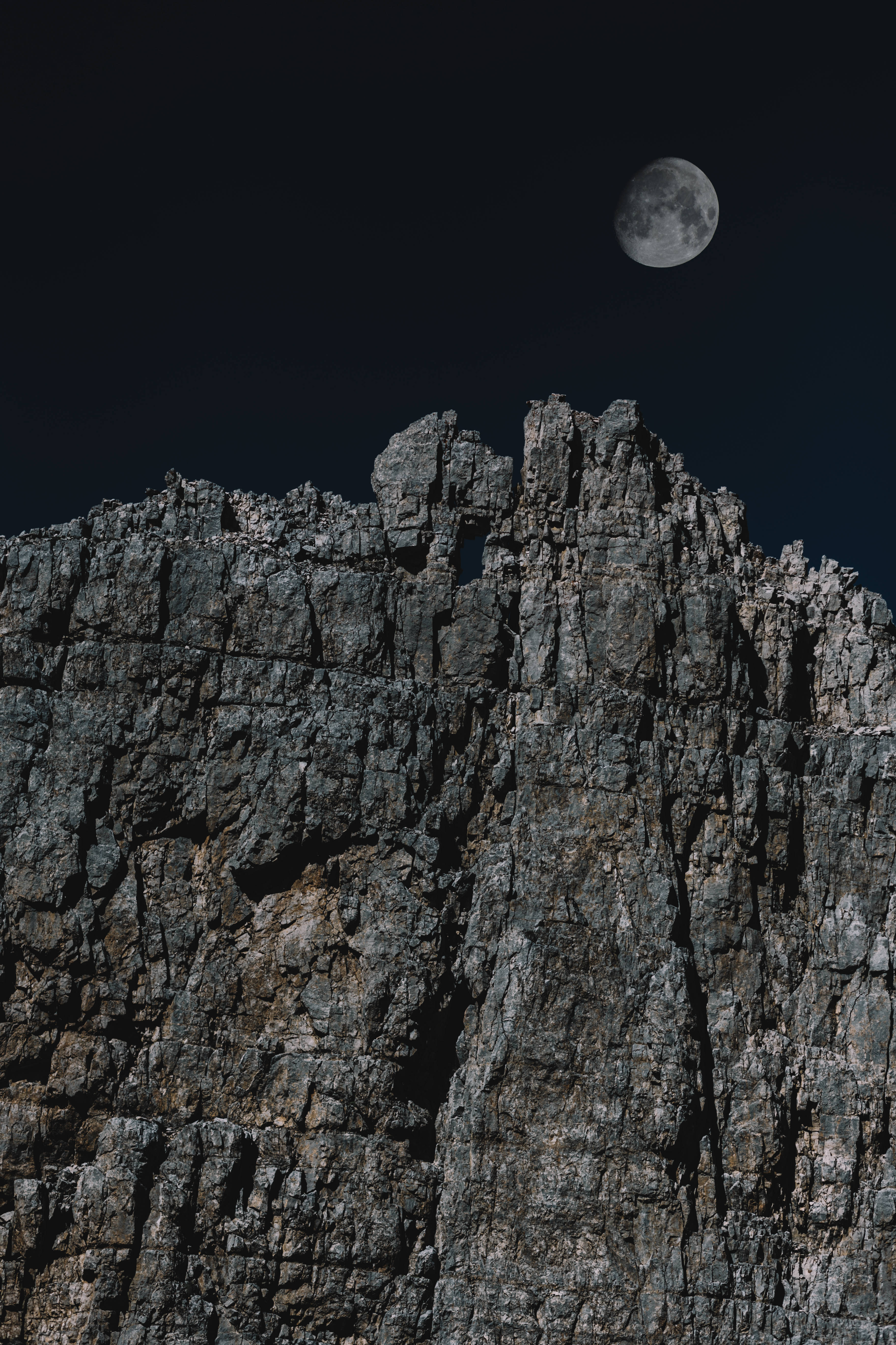 HD Moon, cliffside, jagged mountain peak, 5K Phone Wallpaper