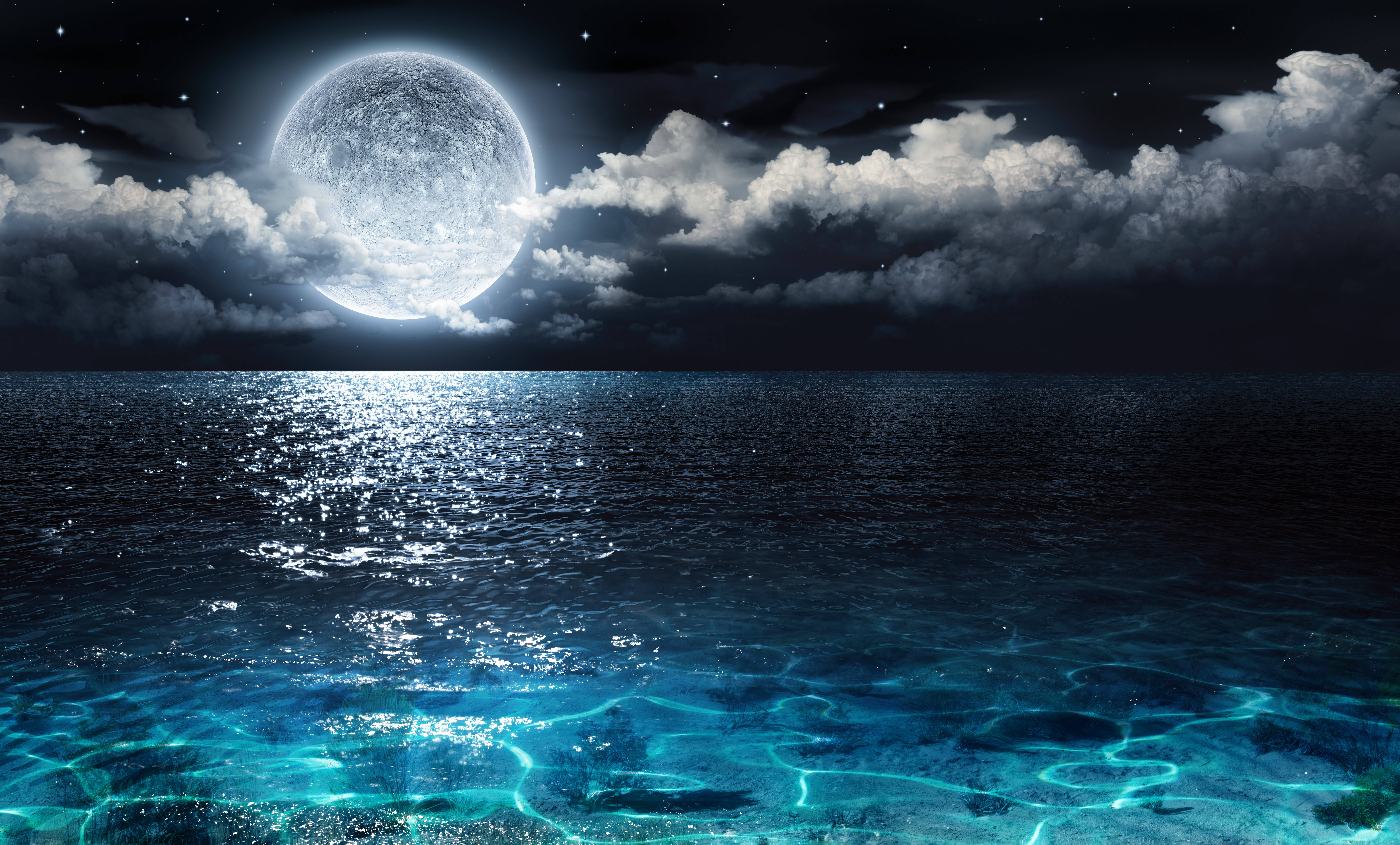 full moon, clouds, sparkling ocean, 5K Desktop Wallpaper