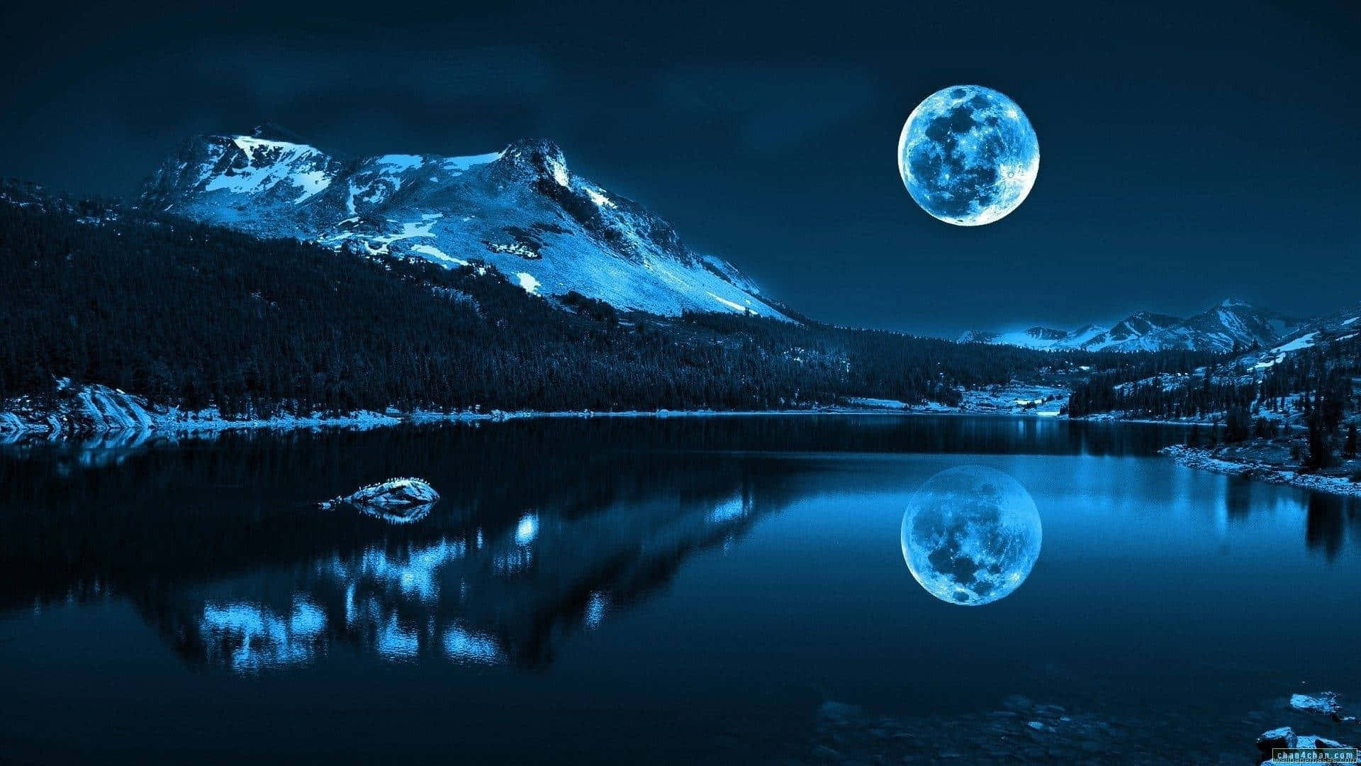 moon, lake, mountains, Full HD Desktop Wallpaper