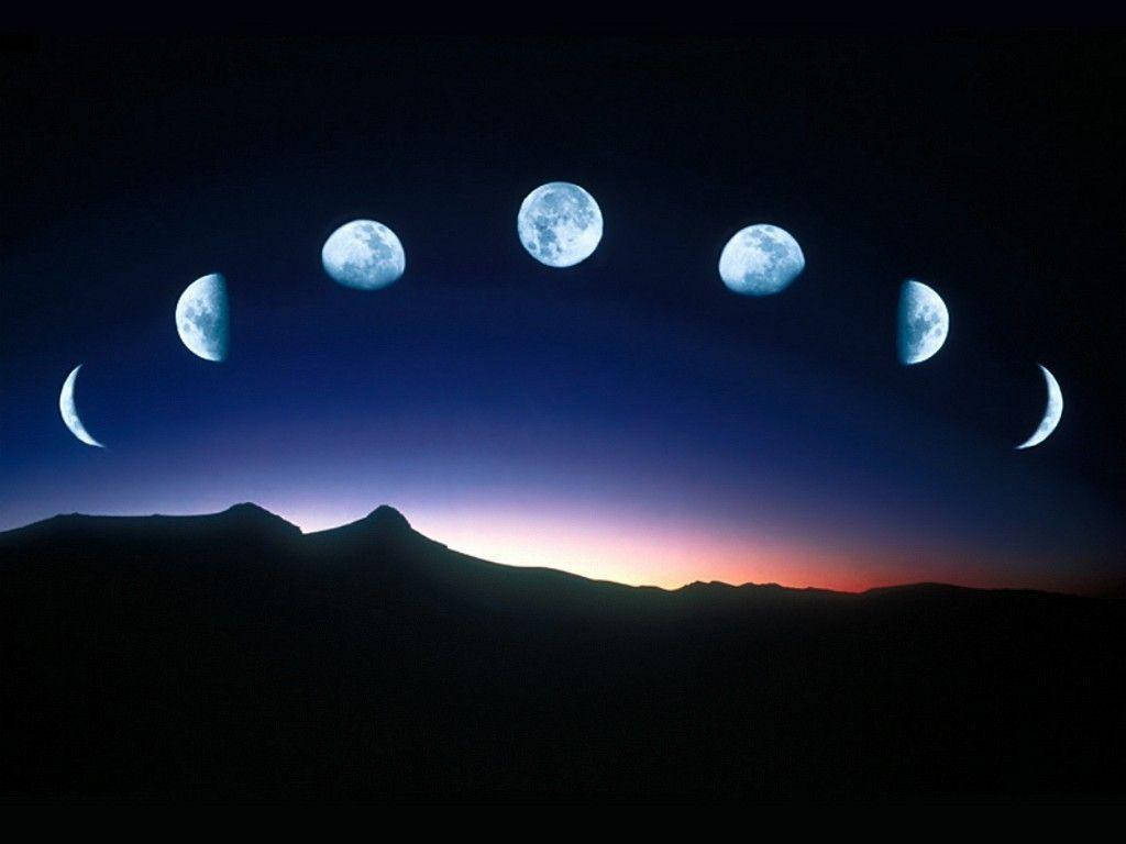 moon, seven moon phases, mountain silhouette, SD Desktop Wallpaper