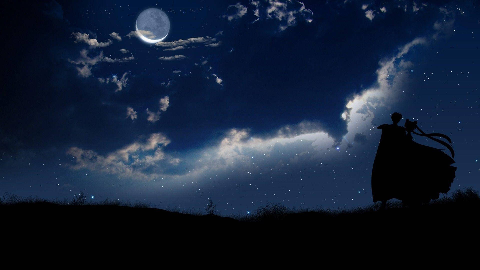 crescent moon, starry night sky, flowing robes, Full HD Desktop Wallpaper