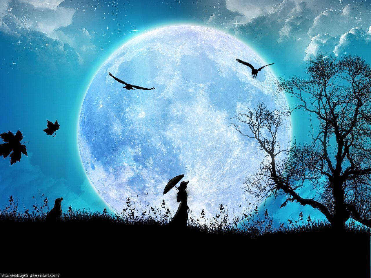 glowing blue moon, lone figure, umbrella, HD Desktop Wallpaper