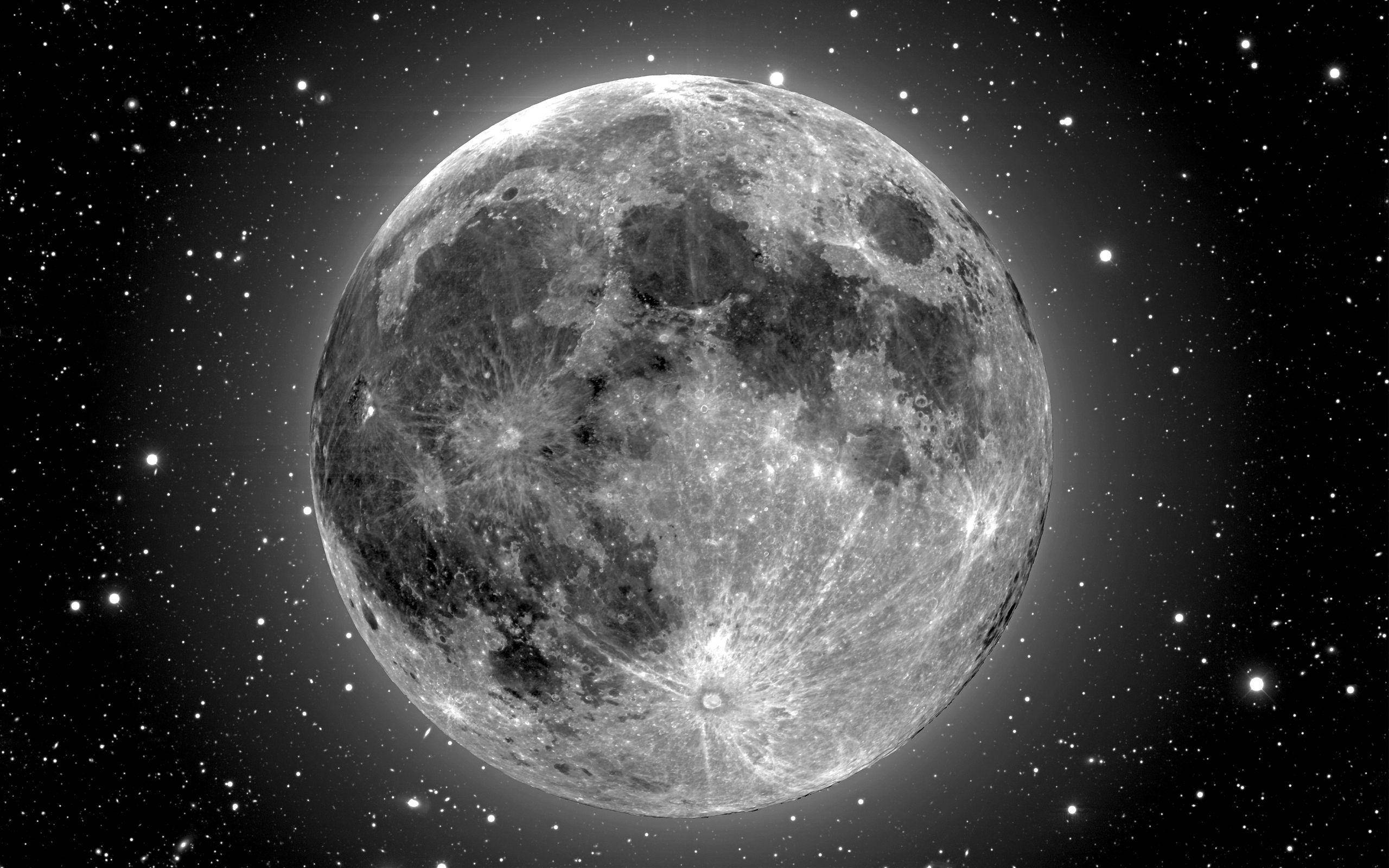 moon, cratered surface, starfield, 2K Desktop Wallpaper