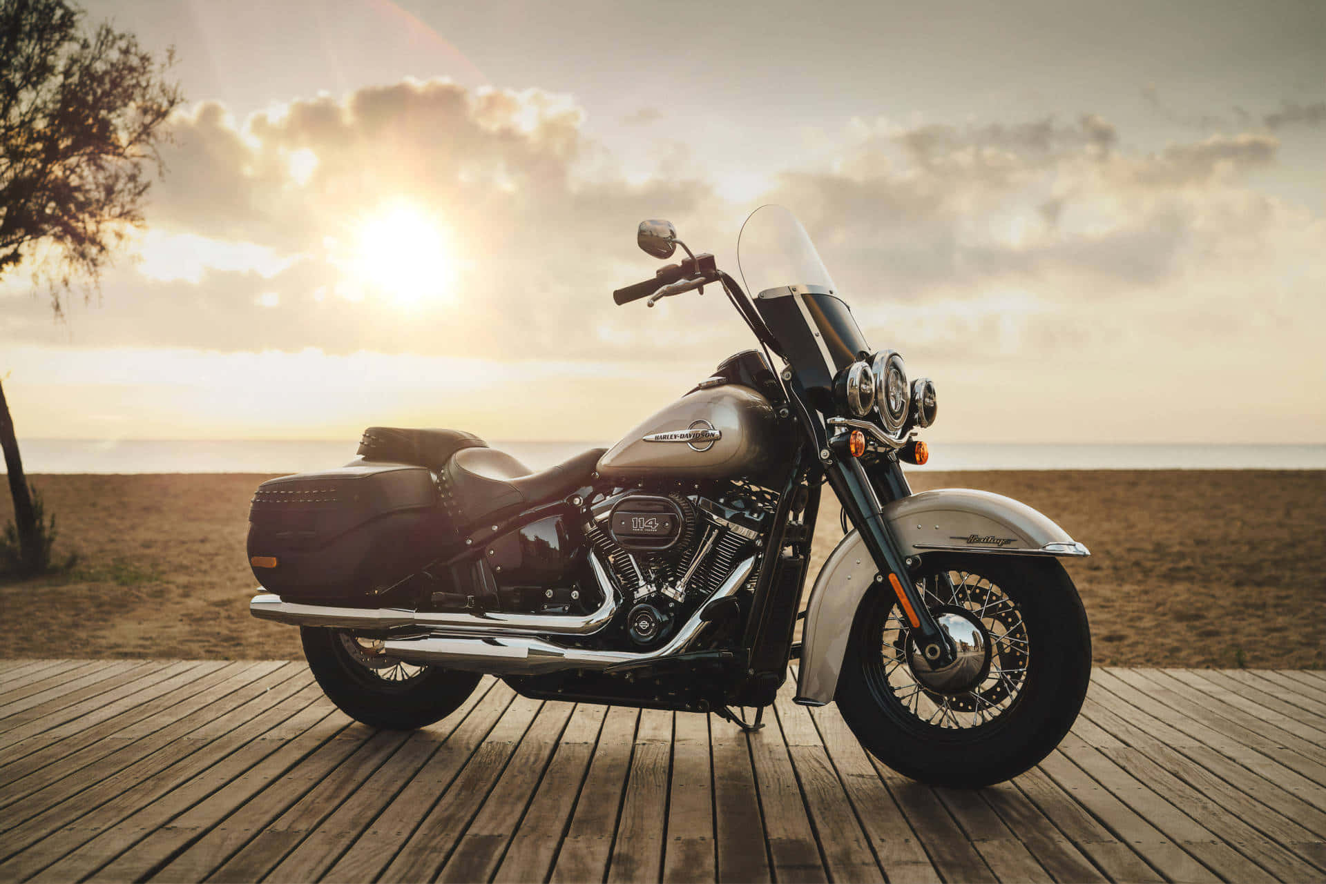 HD Motorcycle, sleek black motorcycle, wooden pier, Full HD Desktop Wallpaper
