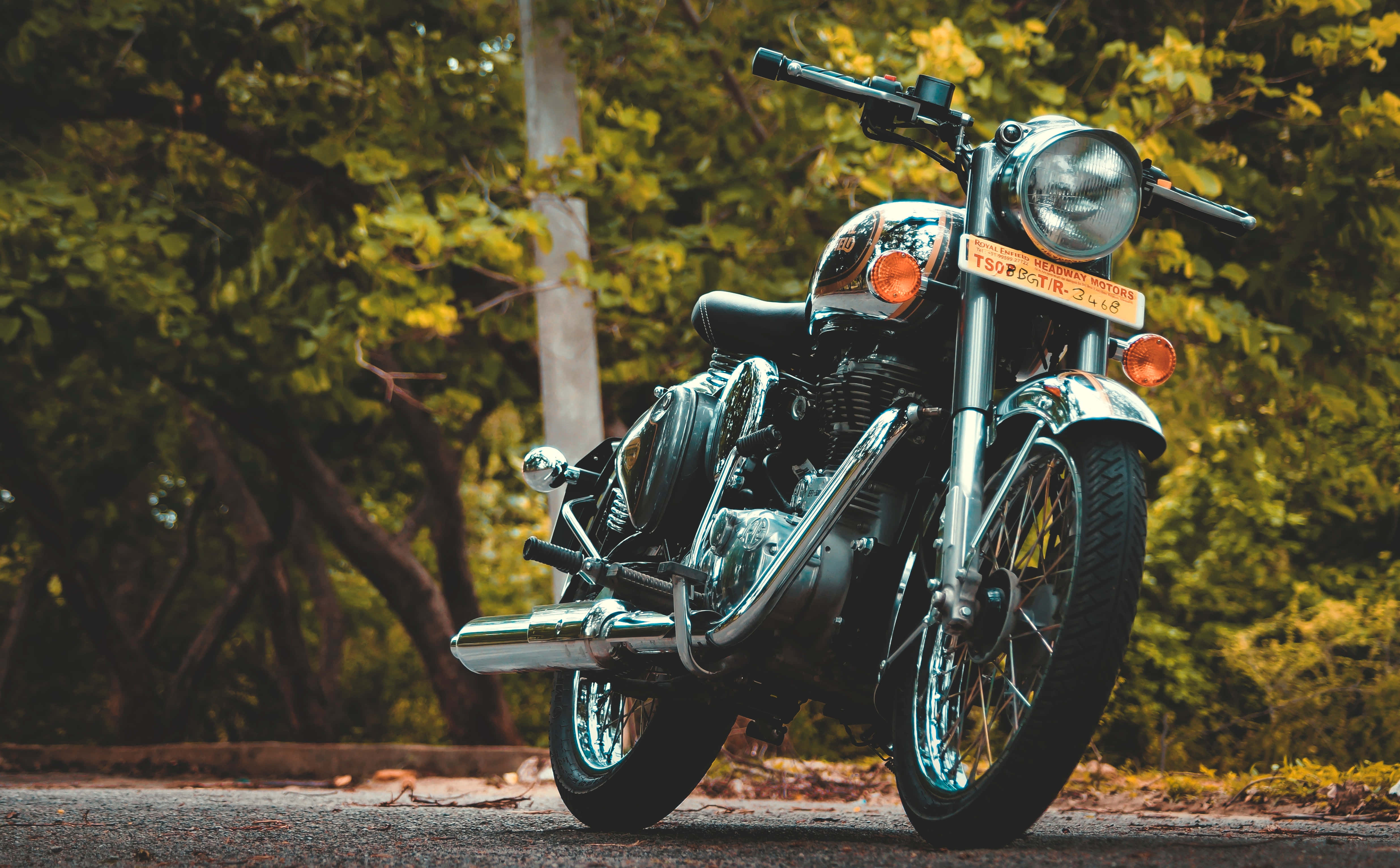 HD Motorcycle, chrome, forest road, 4K Desktop Wallpaper