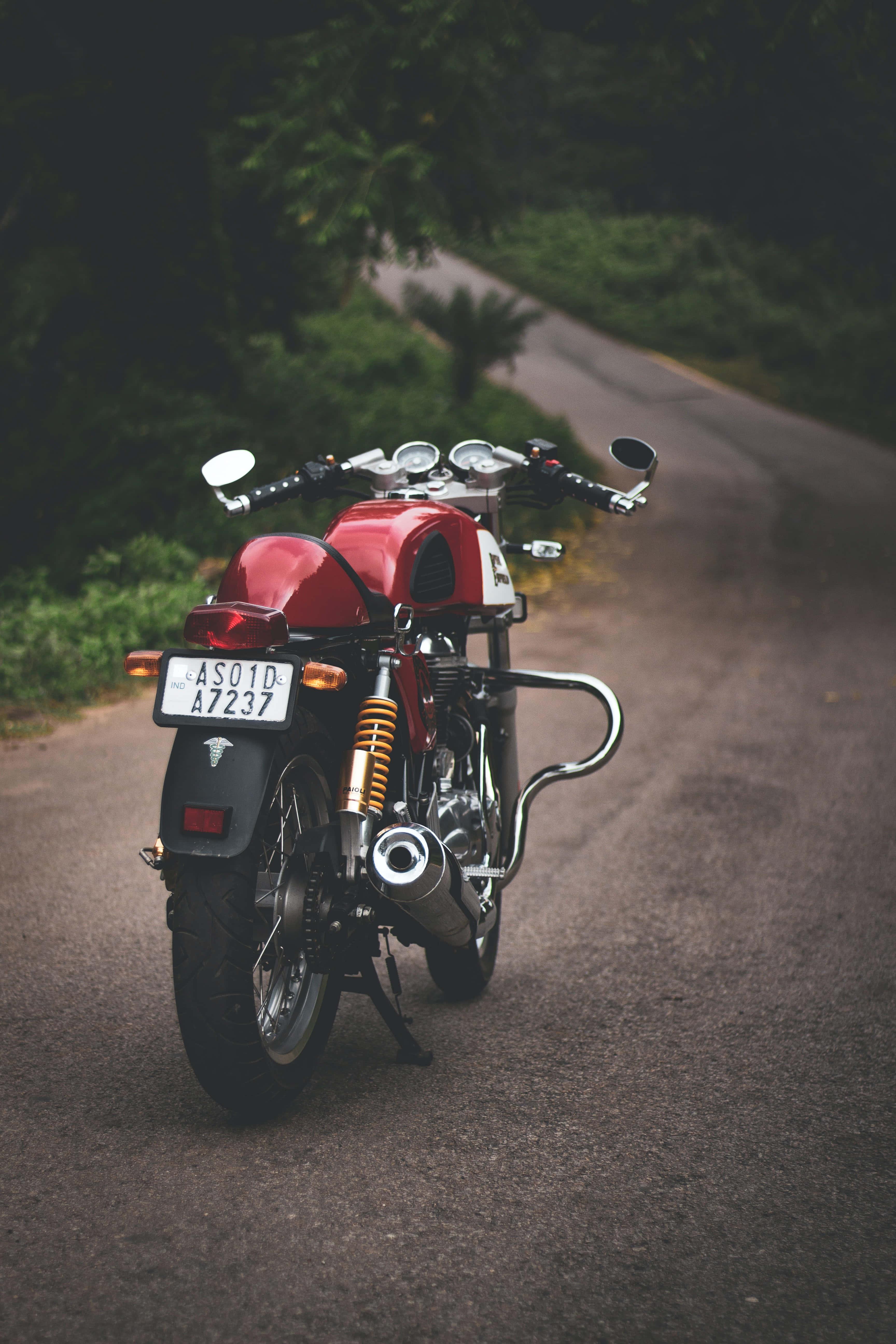 HD Motorcycle, red, winding forest road, 5K Phone Wallpaper