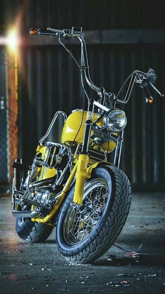 yellow motorcycle, custom chopper, dark garage, SD Phone Wallpaper