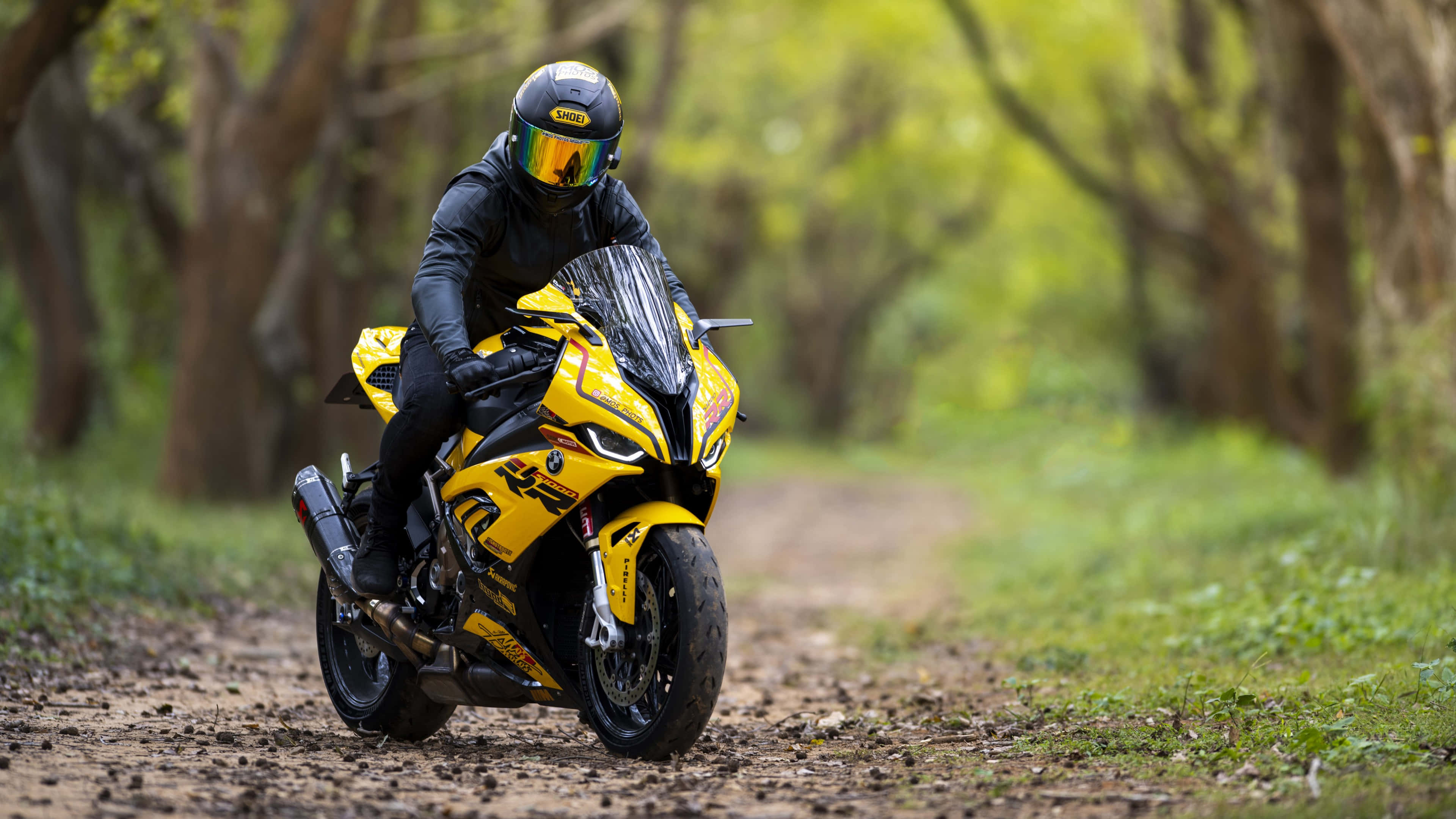 yellow motorcycle, vibrant yellow sport motorcycle, forest dirt path, 4K Desktop Wallpaper