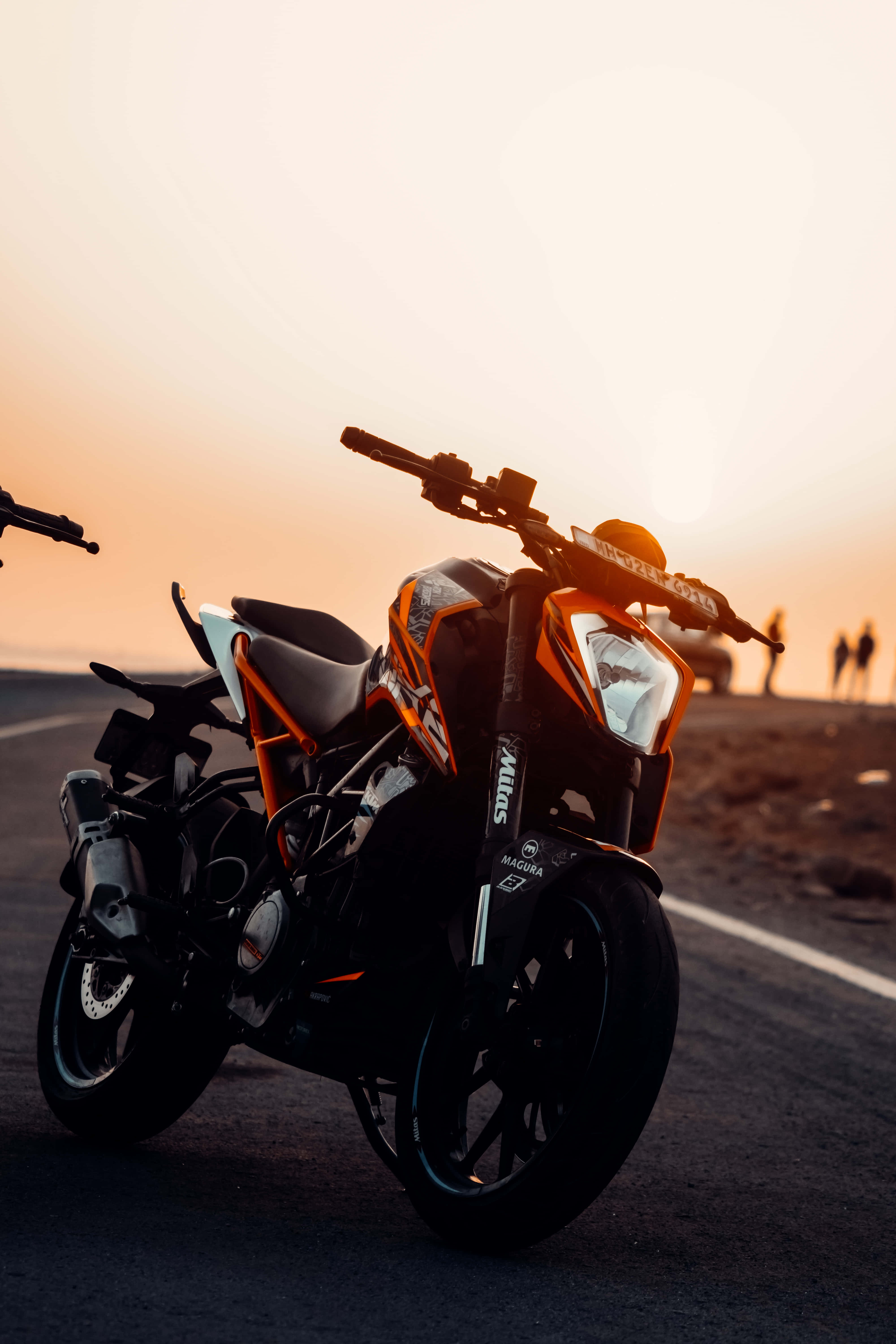 HD motorcycle, orange and black, empty road, 5K Phone Wallpaper
