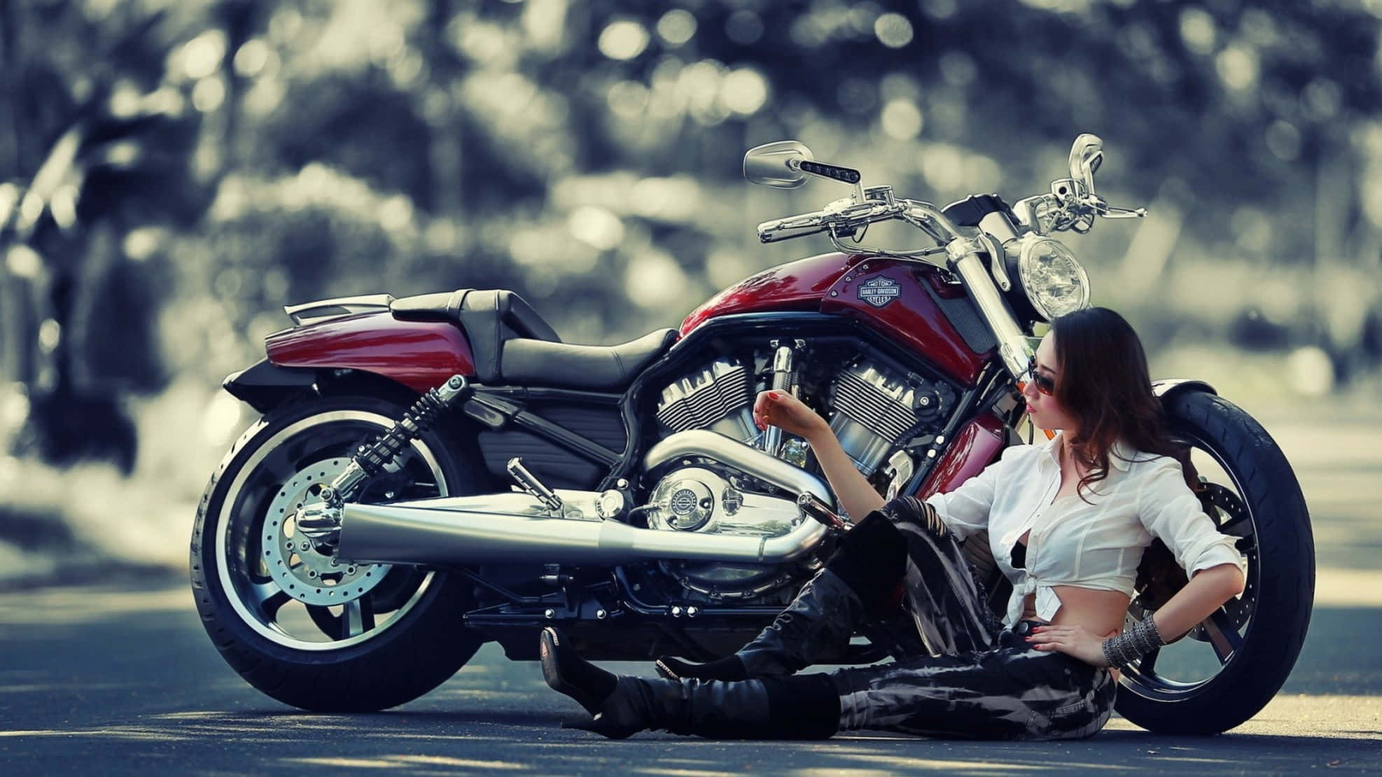 red motorcycle, sunlit road, white shirt, Full HD Desktop Wallpaper