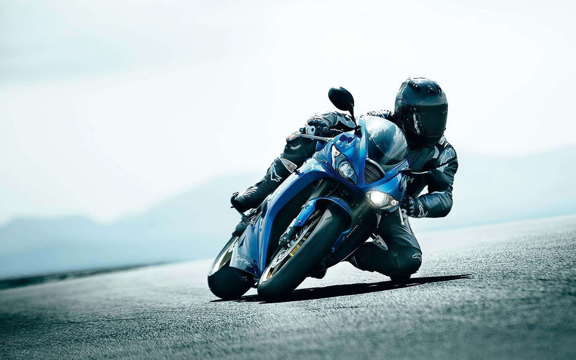 HD Motorcycle, sleek blue sport motorcycle, misty open road, Full HD Desktop Wallpaper