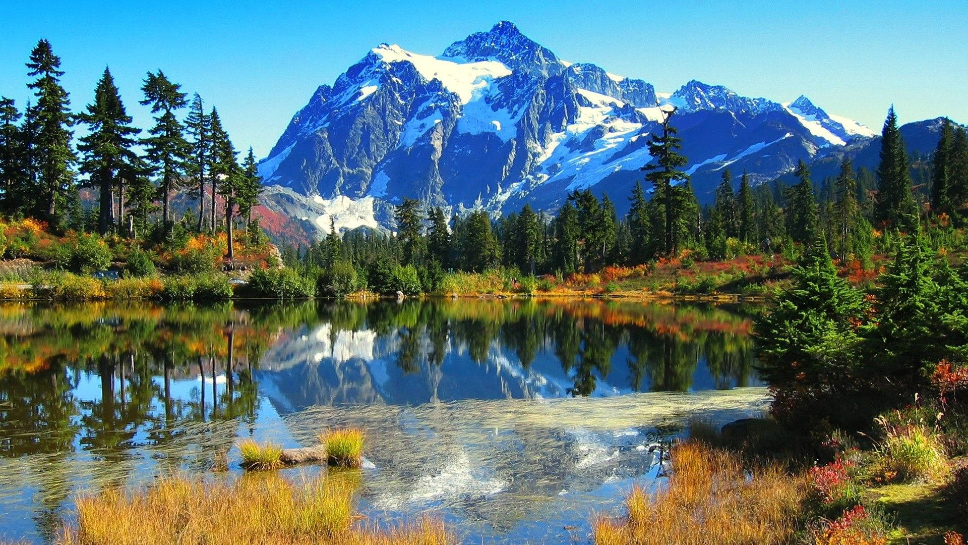 snow-capped mountains, calm lake, autumn trees, Full HD Desktop Wallpaper