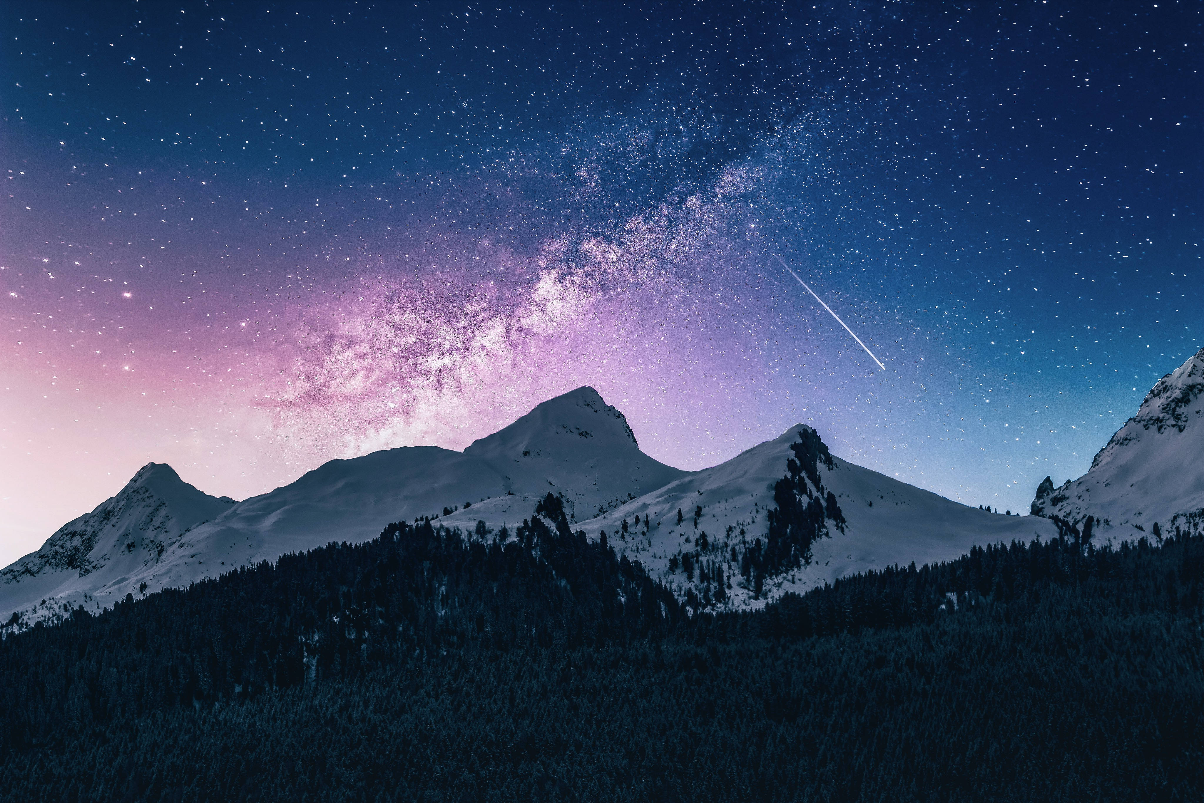 alpine peaks, vibrant purple and blue night sky, stars, 4K Desktop Wallpaper
