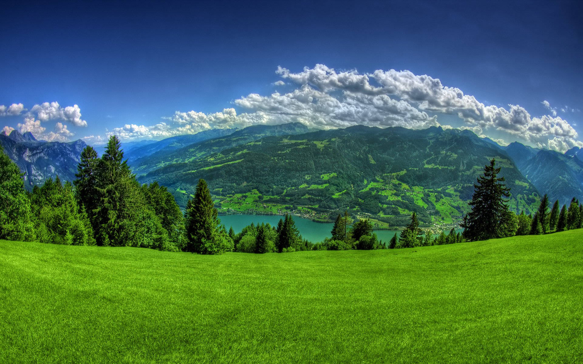 beautiful mountain view, green grass yard, serene lake, Full HD Desktop Wallpaper