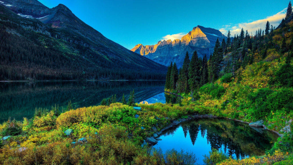 alpine lake, towering mountains, evergreen forests, SD Desktop Wallpaper