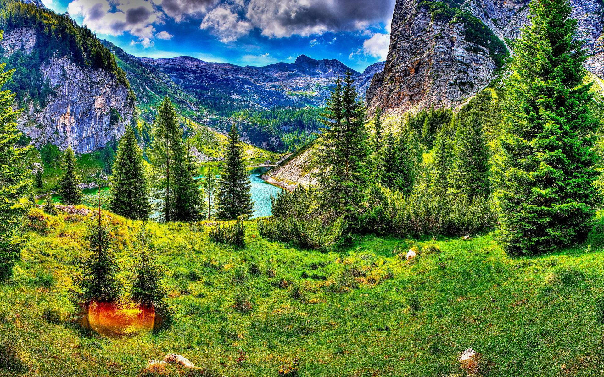 mountain valley, turquoise lake, towering cliffs, Full HD Desktop Wallpaper