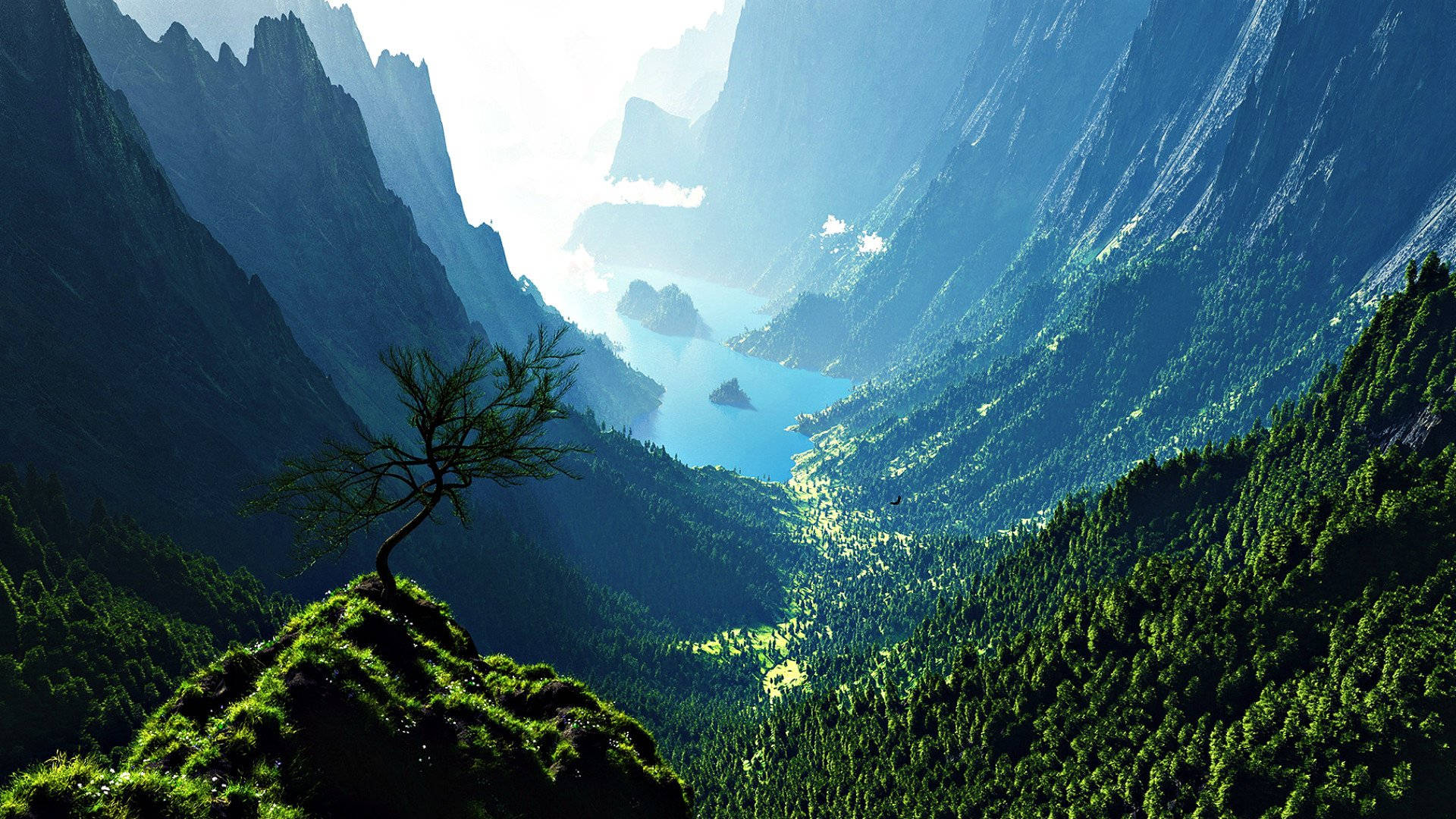 mossy cliff, deep valley, bright blue lake, Full HD Desktop Wallpaper