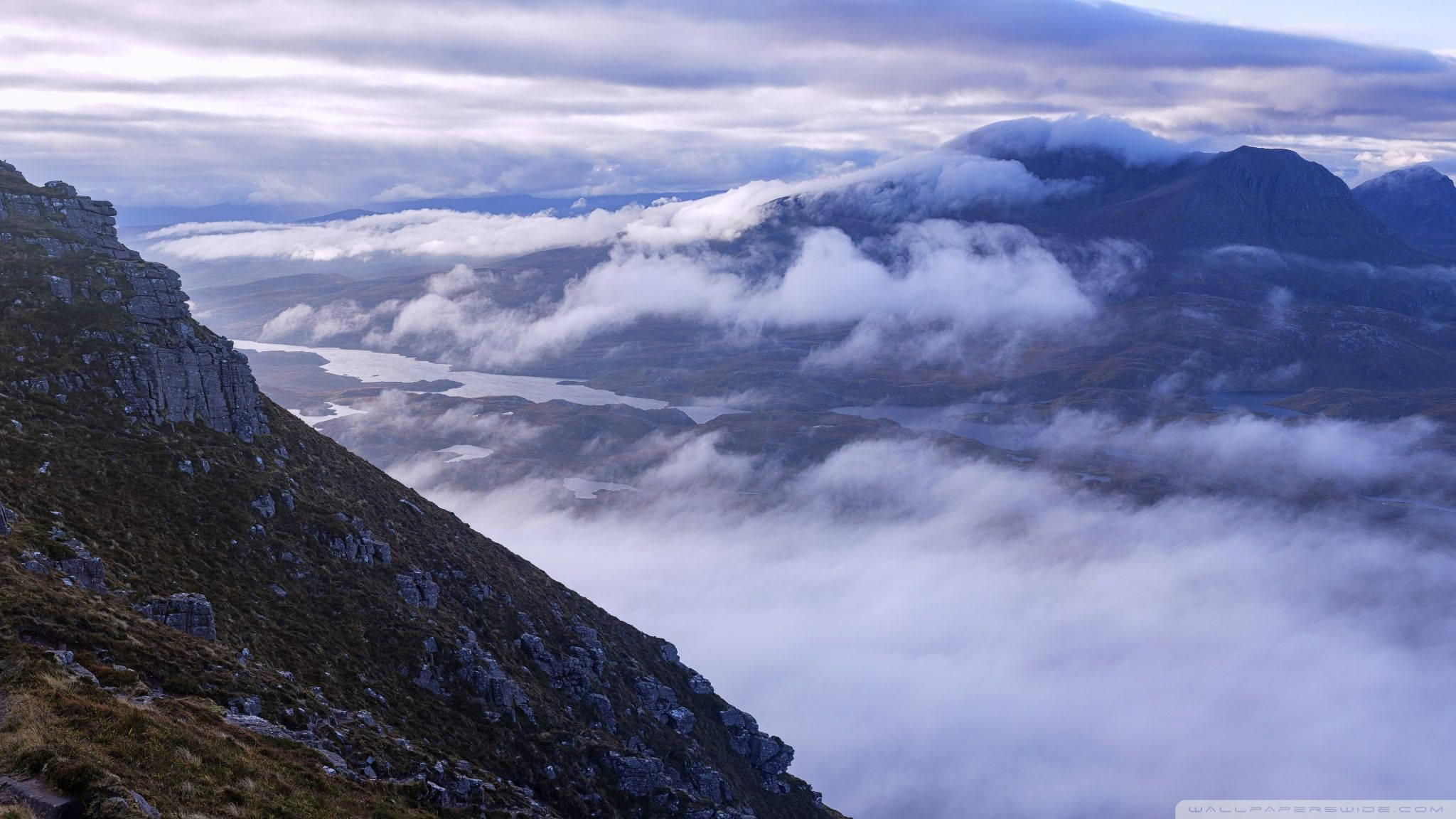 mountain ridge, sea of clouds, distant lake, Full HD Desktop Wallpaper