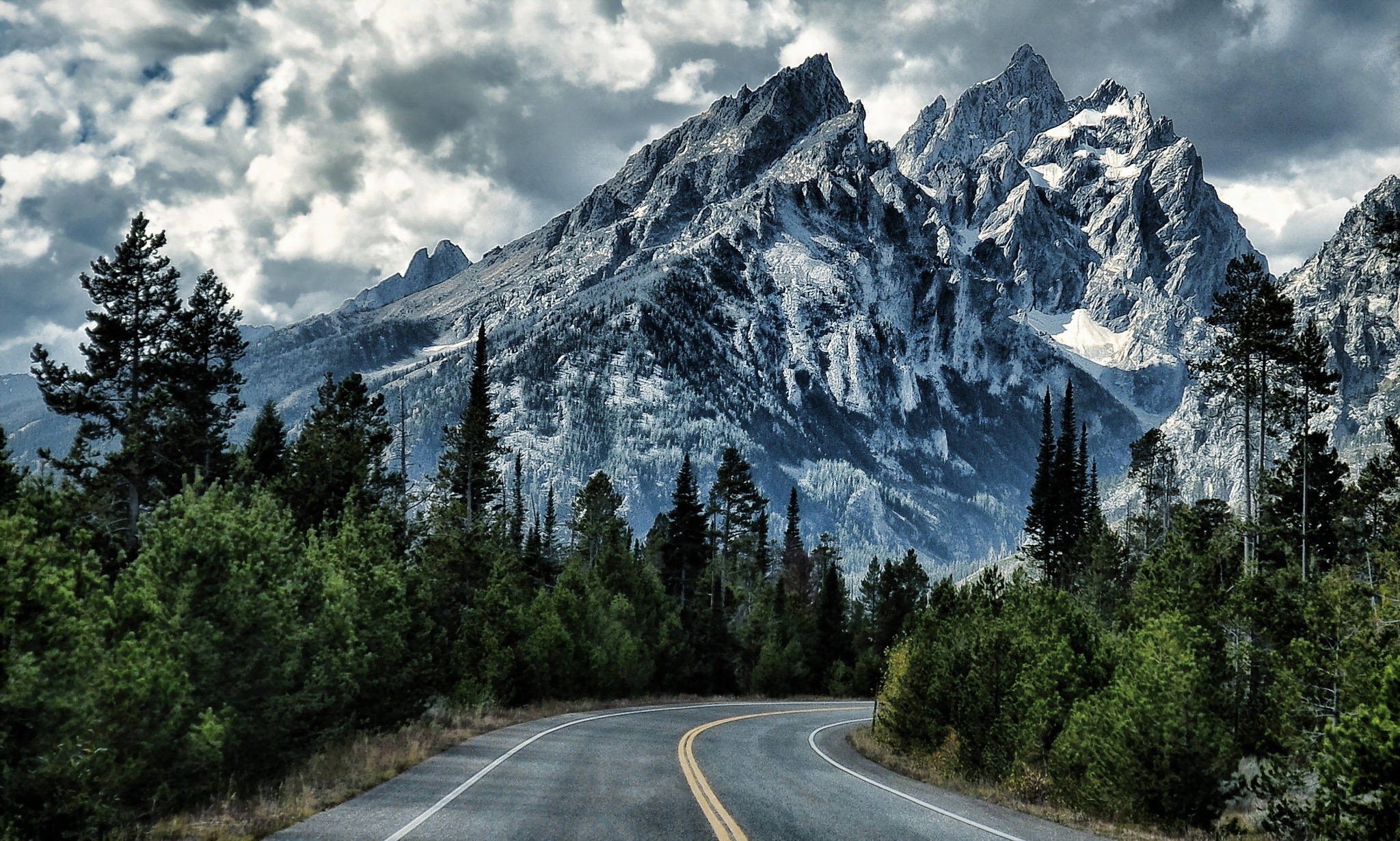 HD Mountain, asphalt road, evergreen forests, Full HD Desktop Wallpaper