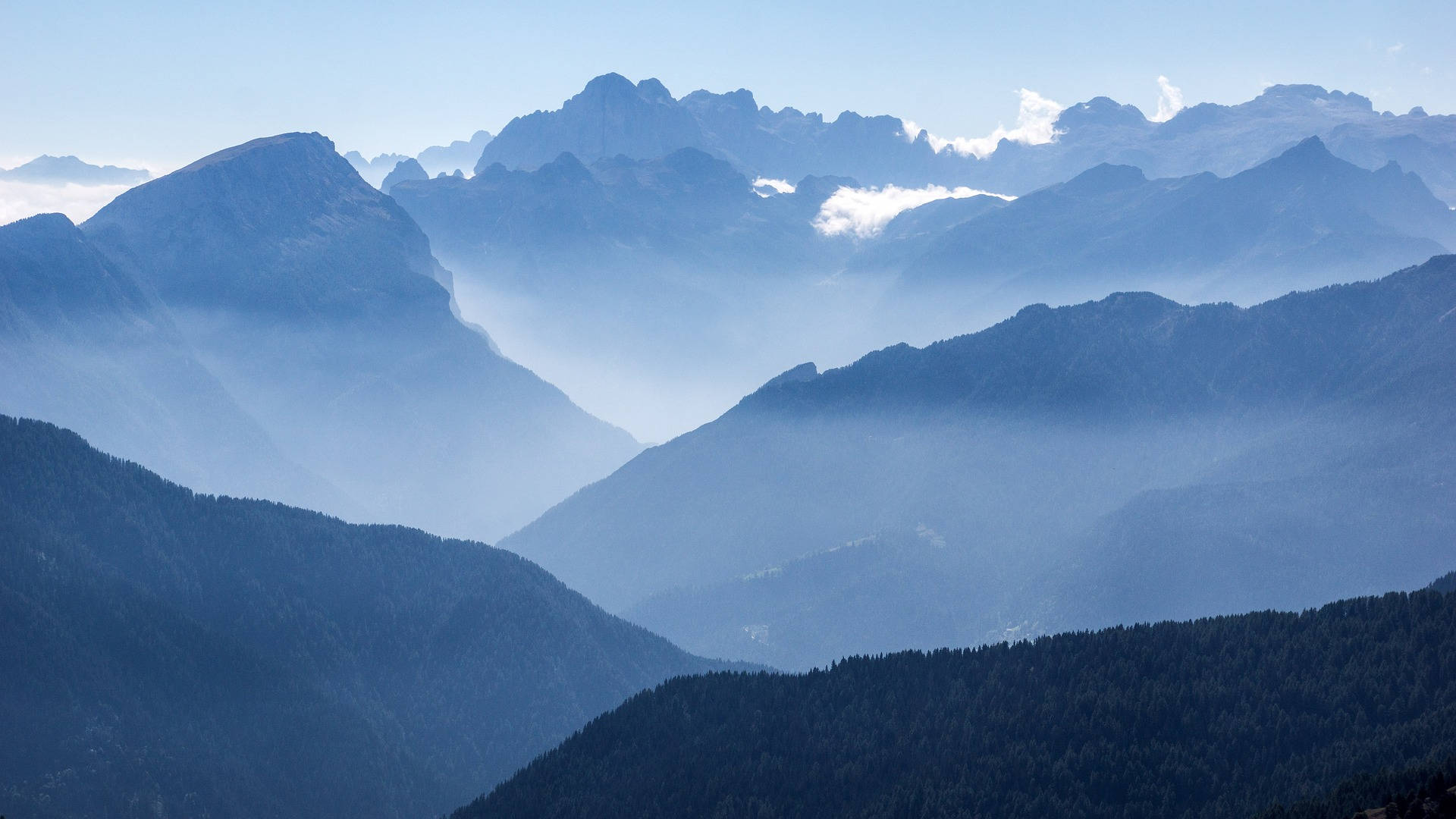 mountain peaks, mist, clear blue sky, Full HD Desktop Wallpaper