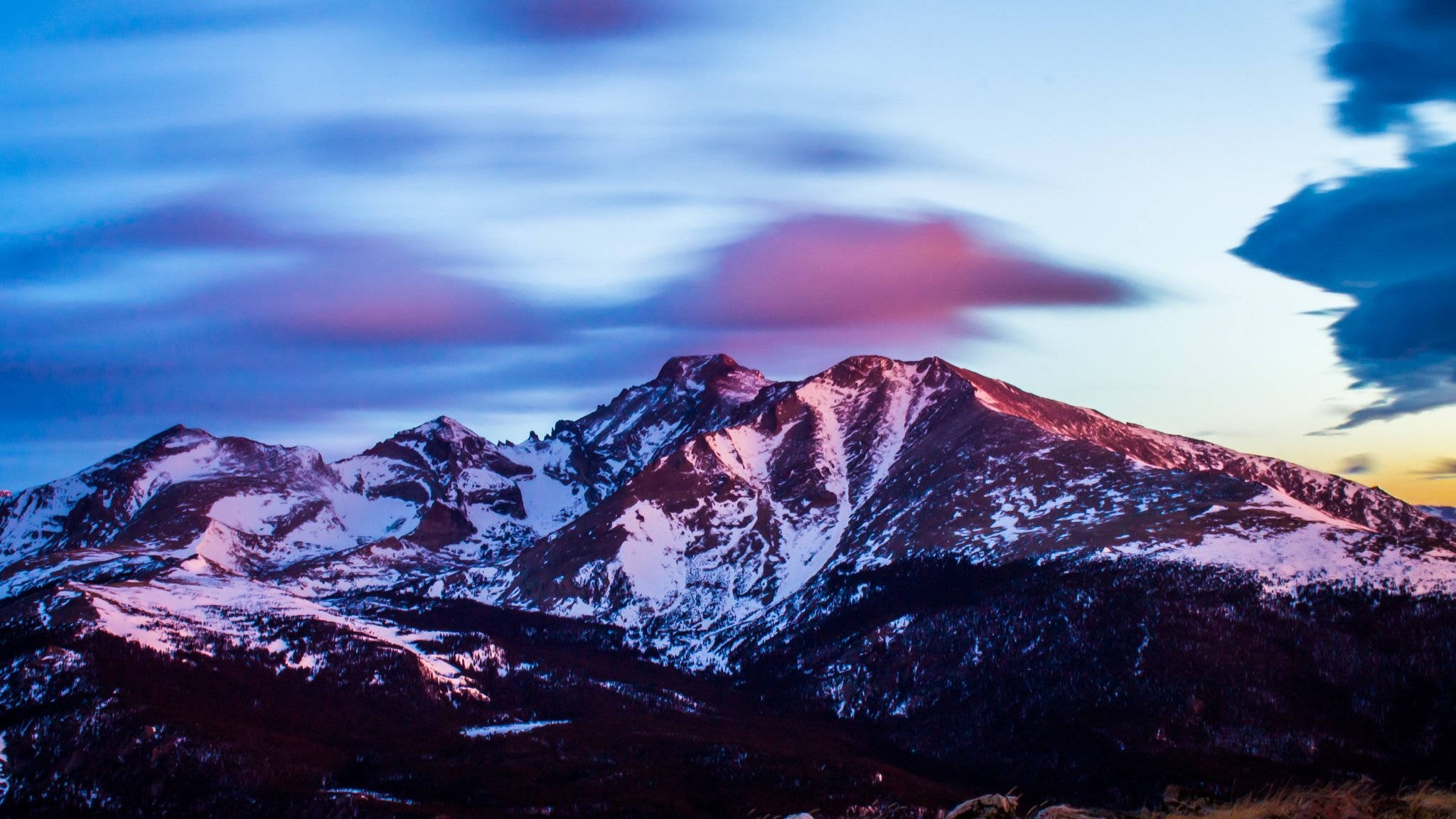 snowcapped mountain peaks, pink and purple twilight sky, streaked twilight sky, Full HD Desktop Wallpaper