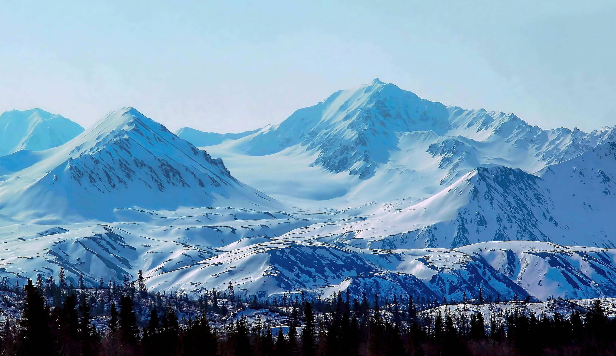 HD Mountain, snow-capped mountain peaks, pale blue sky, Full HD Desktop Wallpaper