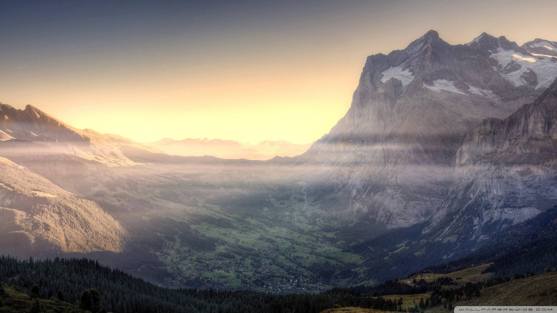 mountain view, snow-capped peaks, misty valleys, Full HD Desktop Wallpaper