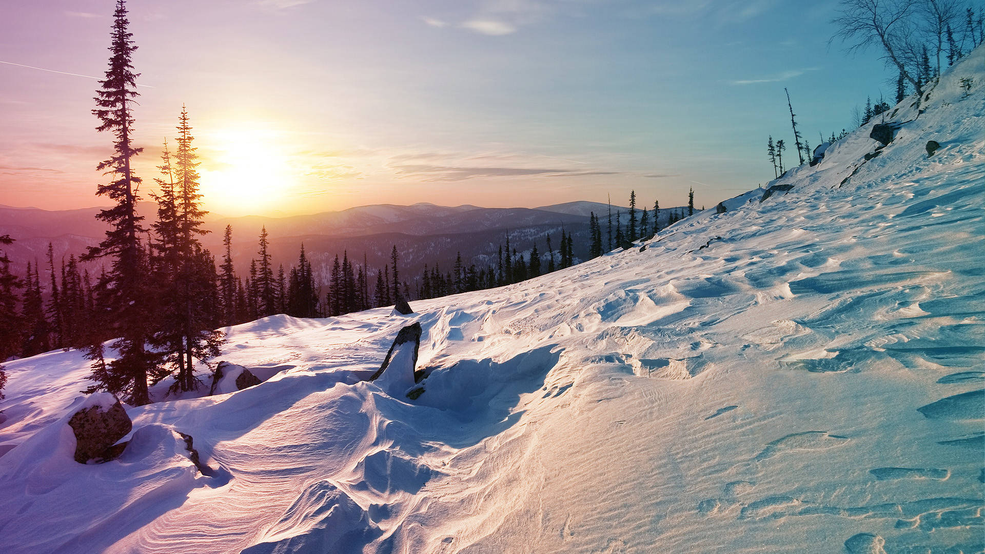 HD Mountain, sunset, snow-covered mountain slope, Full HD Desktop Wallpaper