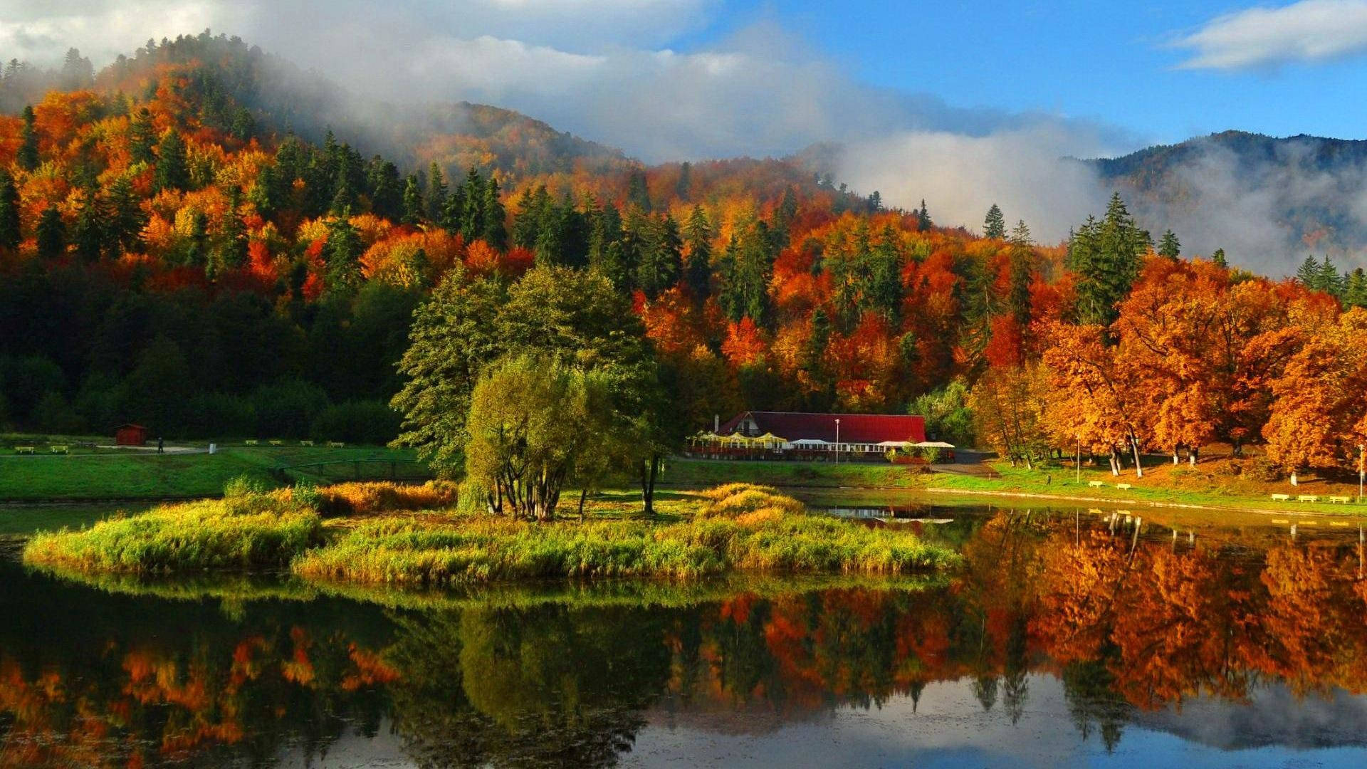 autumn lake, fiery orange and green trees, red-roofed cabin, Full HD Desktop Wallpaper