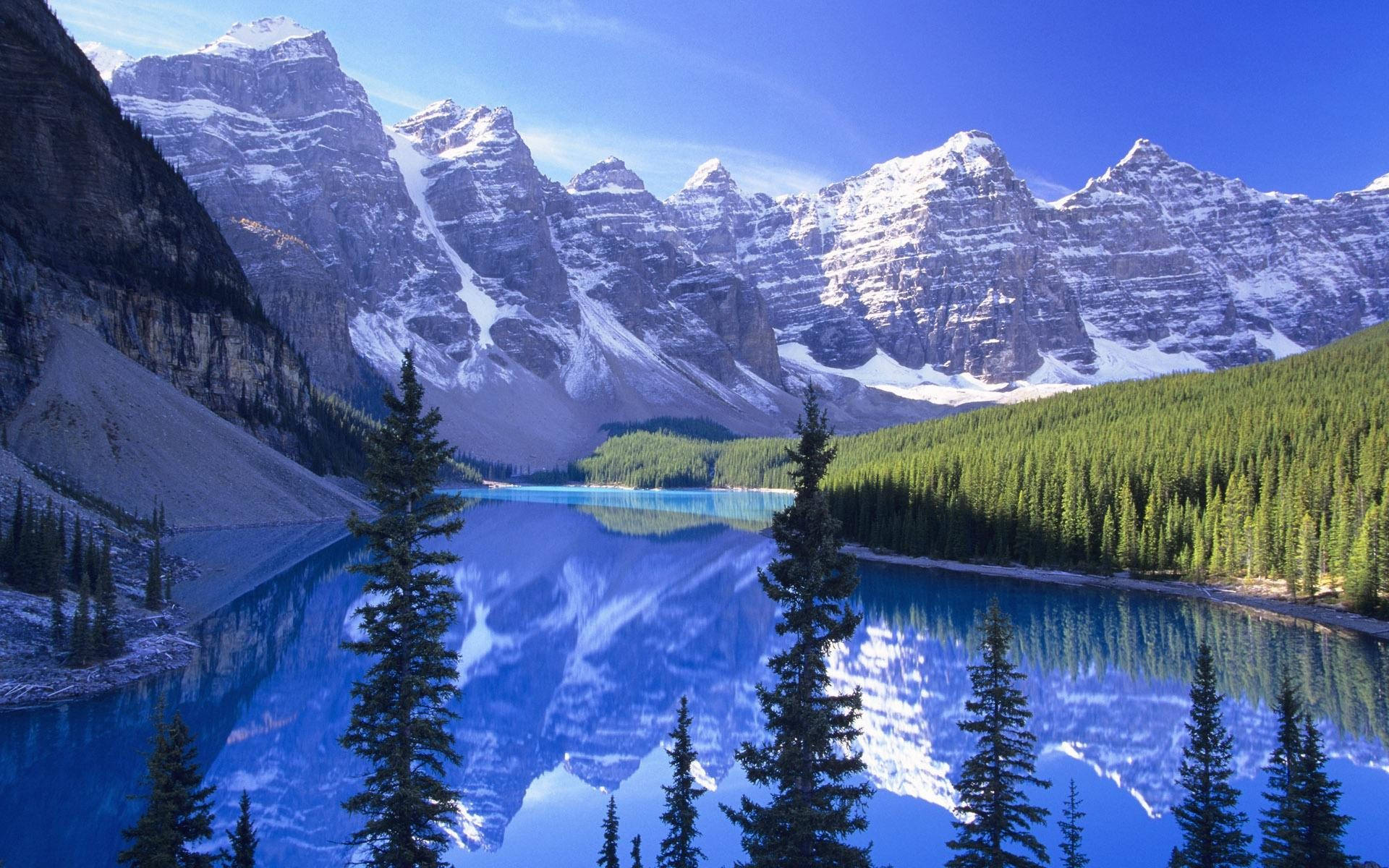 alpine lake, snowcapped peaks, evergreen forests, Full HD Desktop Wallpaper