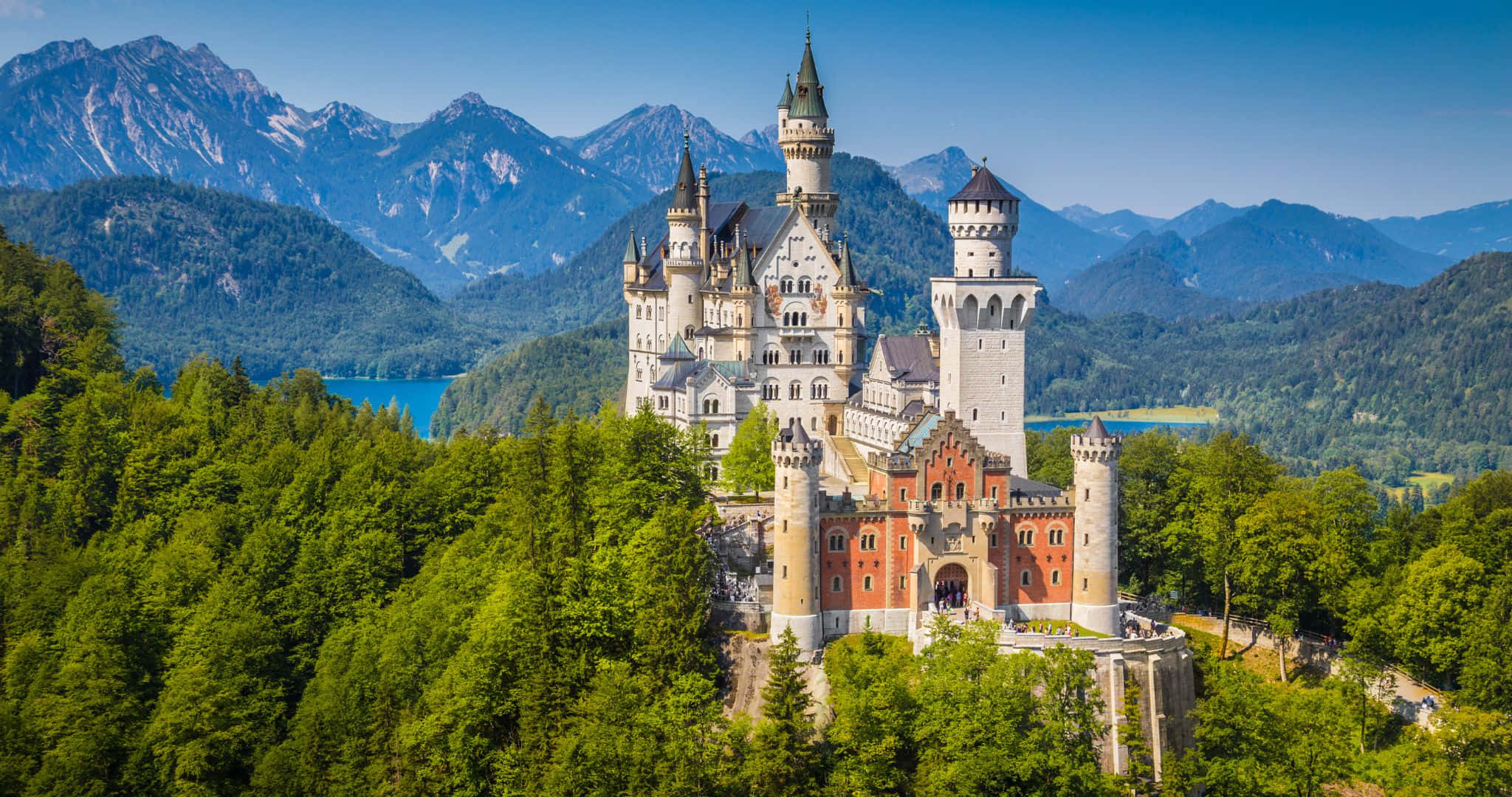 fairytale castle, forested cliff, serene blue lake, Full HD Desktop Wallpaper