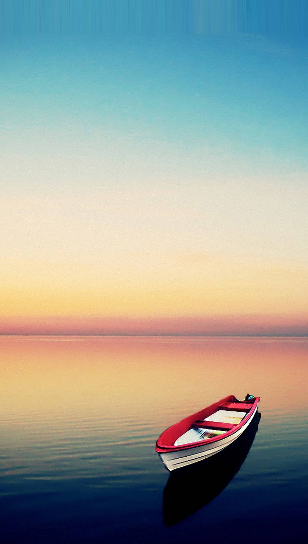 red and white rowboat, calm water, gradient sky, HD Phone Wallpaper