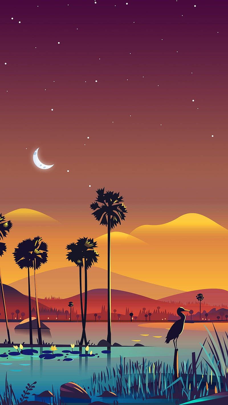HD Nature Phone, animated forest, crescent moon, HD Phone Wallpaper