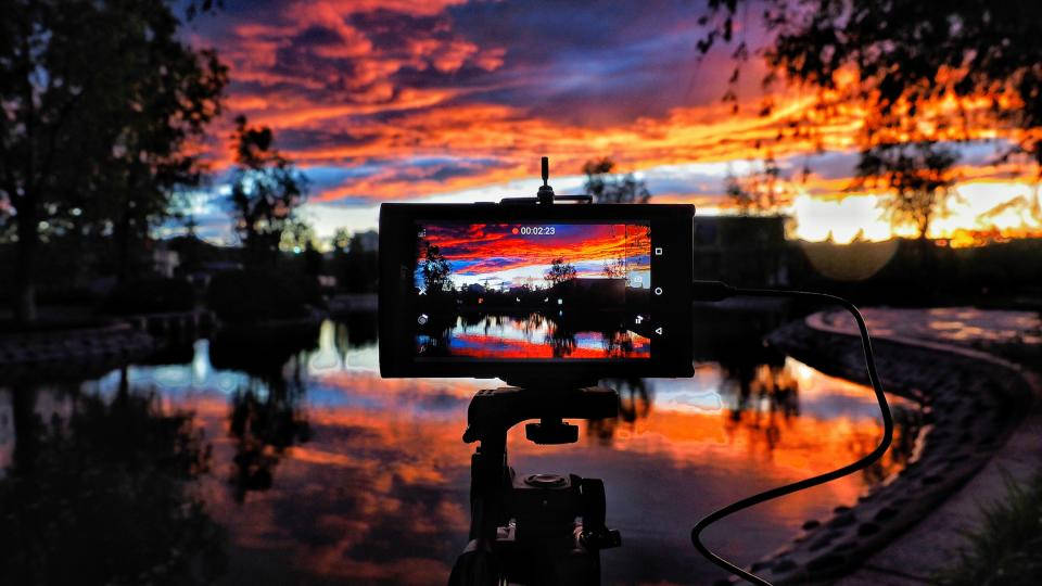 sunset, calm pond, fiery orange and purple clouds, SD Desktop Wallpaper