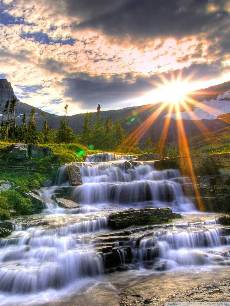 waterfall, mountain, sunset, SD Phone Wallpaper