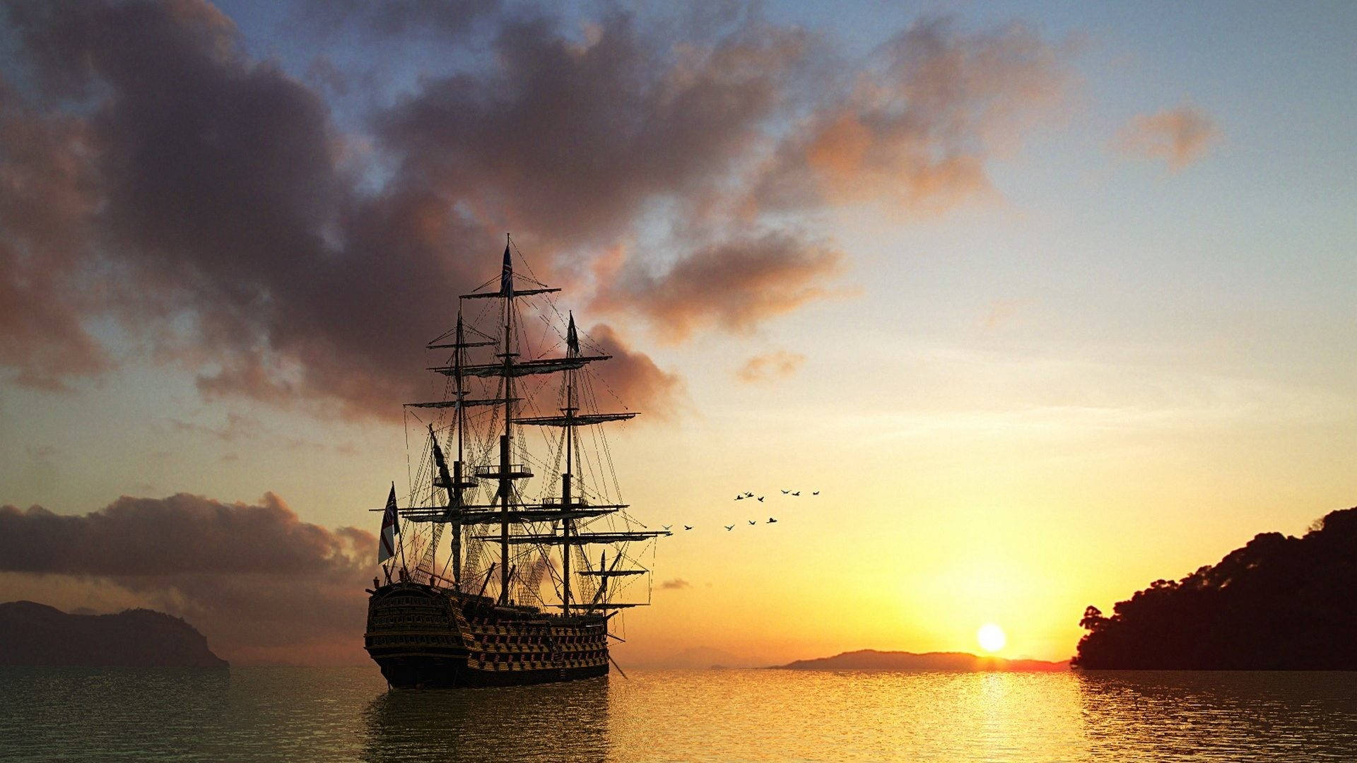tall ship, sunset, golden light, Full HD Desktop Wallpaper