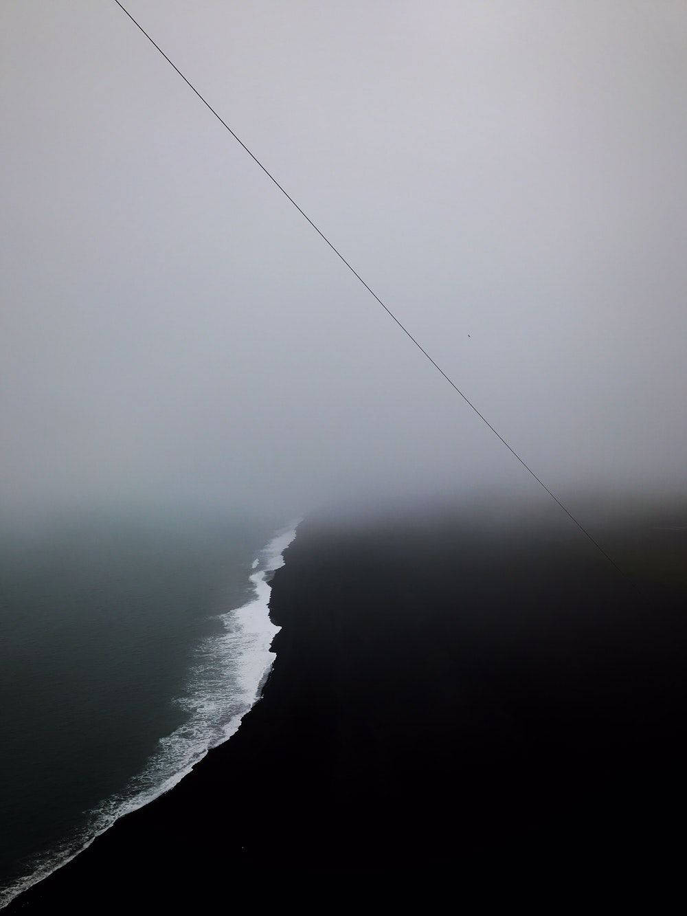 aerial view, dark volcanic beach, misty ocean, HD Phone Wallpaper