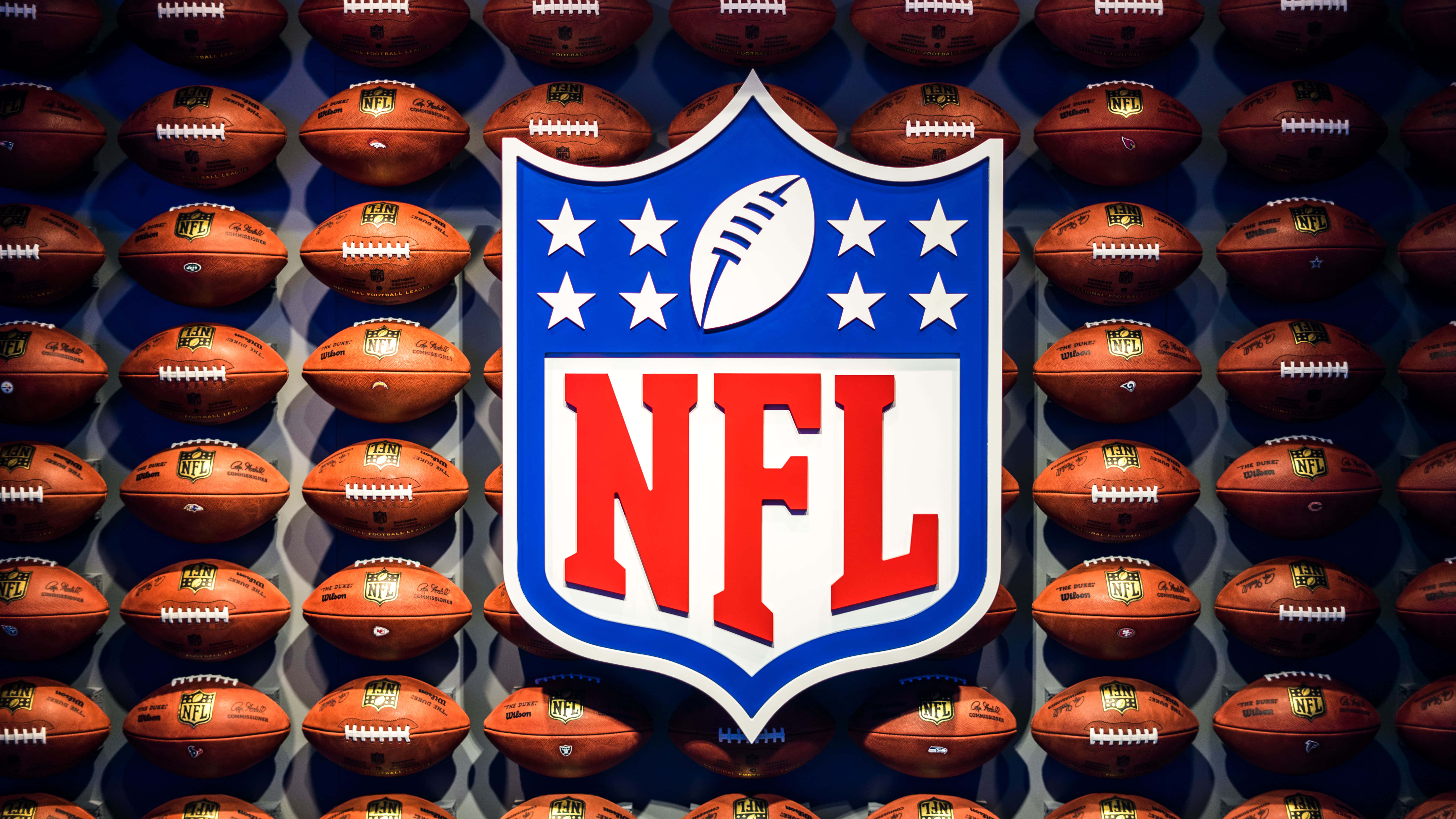 NFL, NFL logo, brown footballs, 5K Desktop Wallpaper